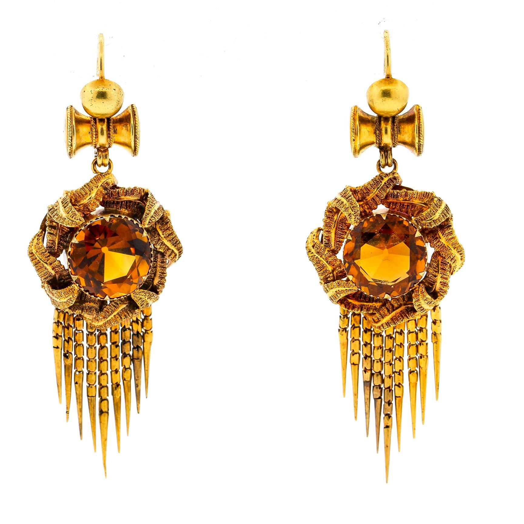 Antique Victorian Round Citrine 14 Karat Gold Fringe Pendant Earrings