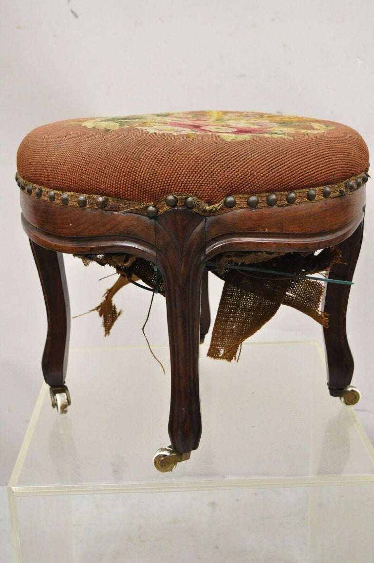 Antique Victorian Round Needlepoint Mahogany Frame Footstool Stool ...