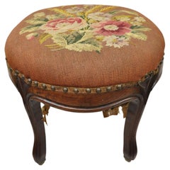 Antique Victorian Round Needlepoint Mahogany Frame Footstool Stool Ottoman