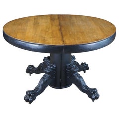 Antique Victorian Round Oak Gothic Revival Dining Table Figural Claw Foot Lion