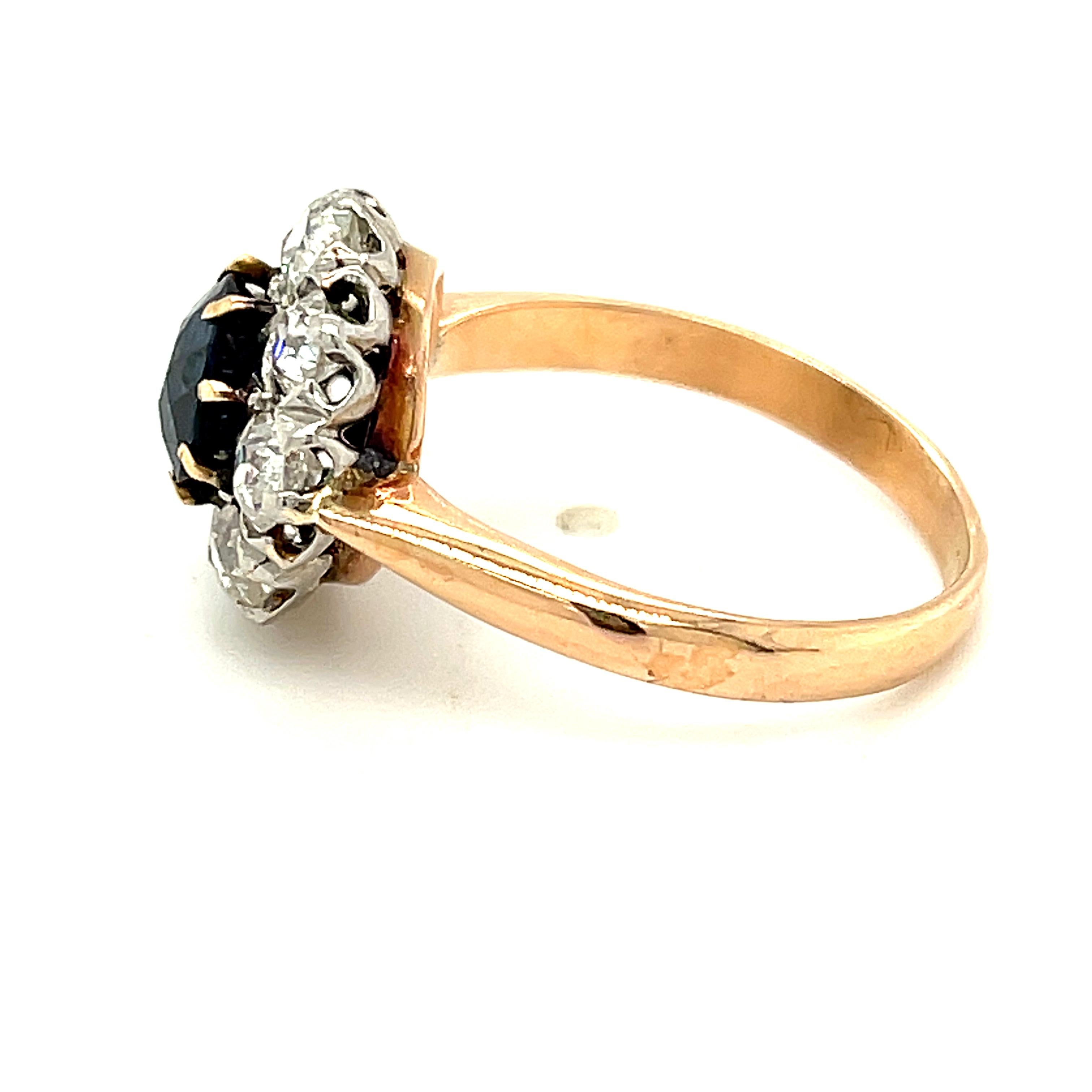 An antique sapphire and diamond cluster ring set in 18k gold with a rose hue to it, circa 1890. The sapphire is a round cut, a dark rich blue color and weighs approximately 1.00 carats. There are 8 old mine cut diamonds in the surround weighing