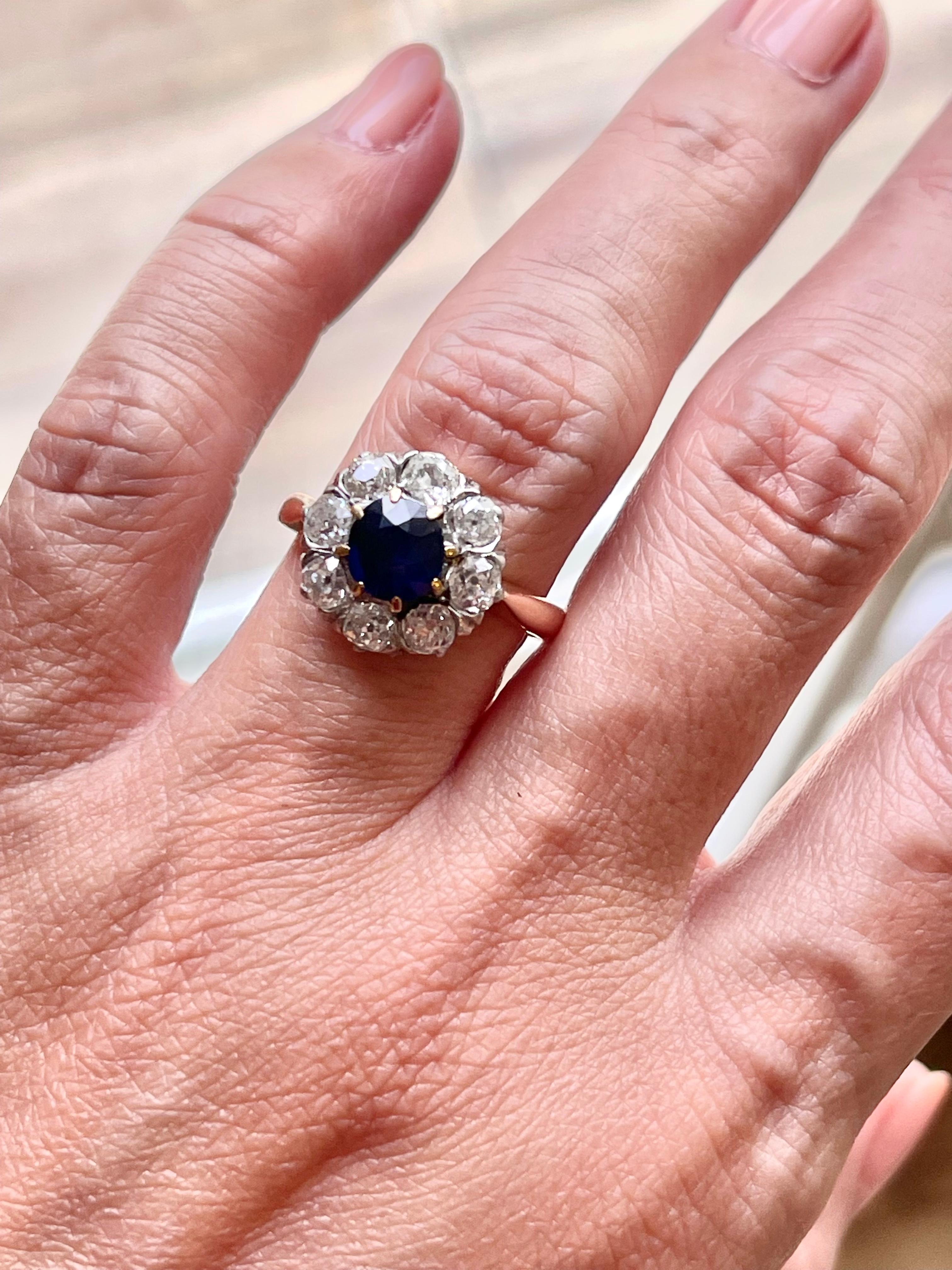 Late Victorian Antique Victorian Round Sapphire Diamond 18 Karat Rose Gold Cluster Ring For Sale