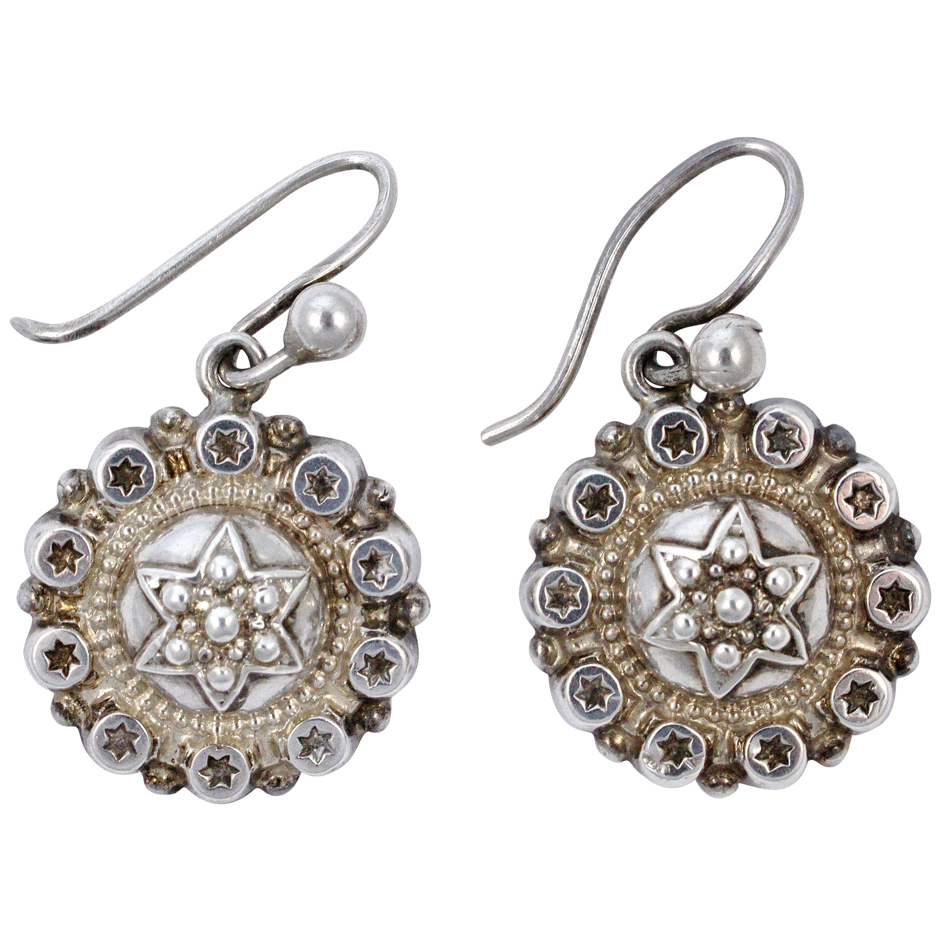 Antique Victorian Round Silver Star Drop Earrings with Gilt Finish For Sale