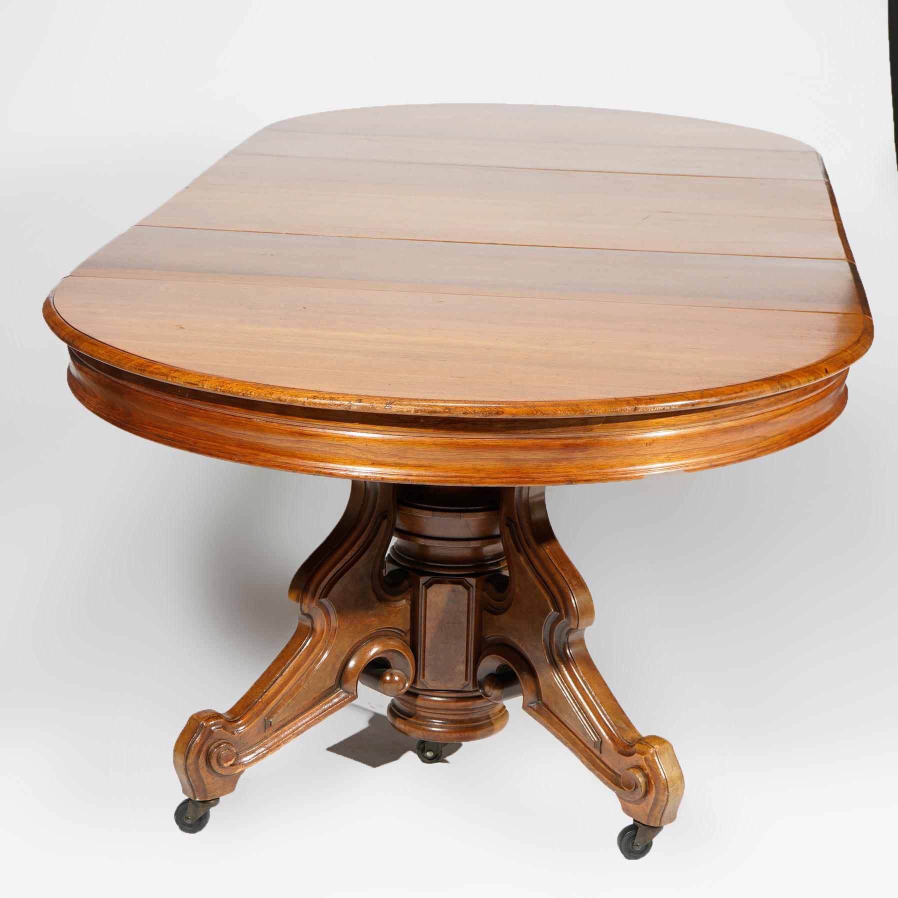 19th Century Antique Victorian Round Walnut Extension Dining Table with Six Leaves 19th C