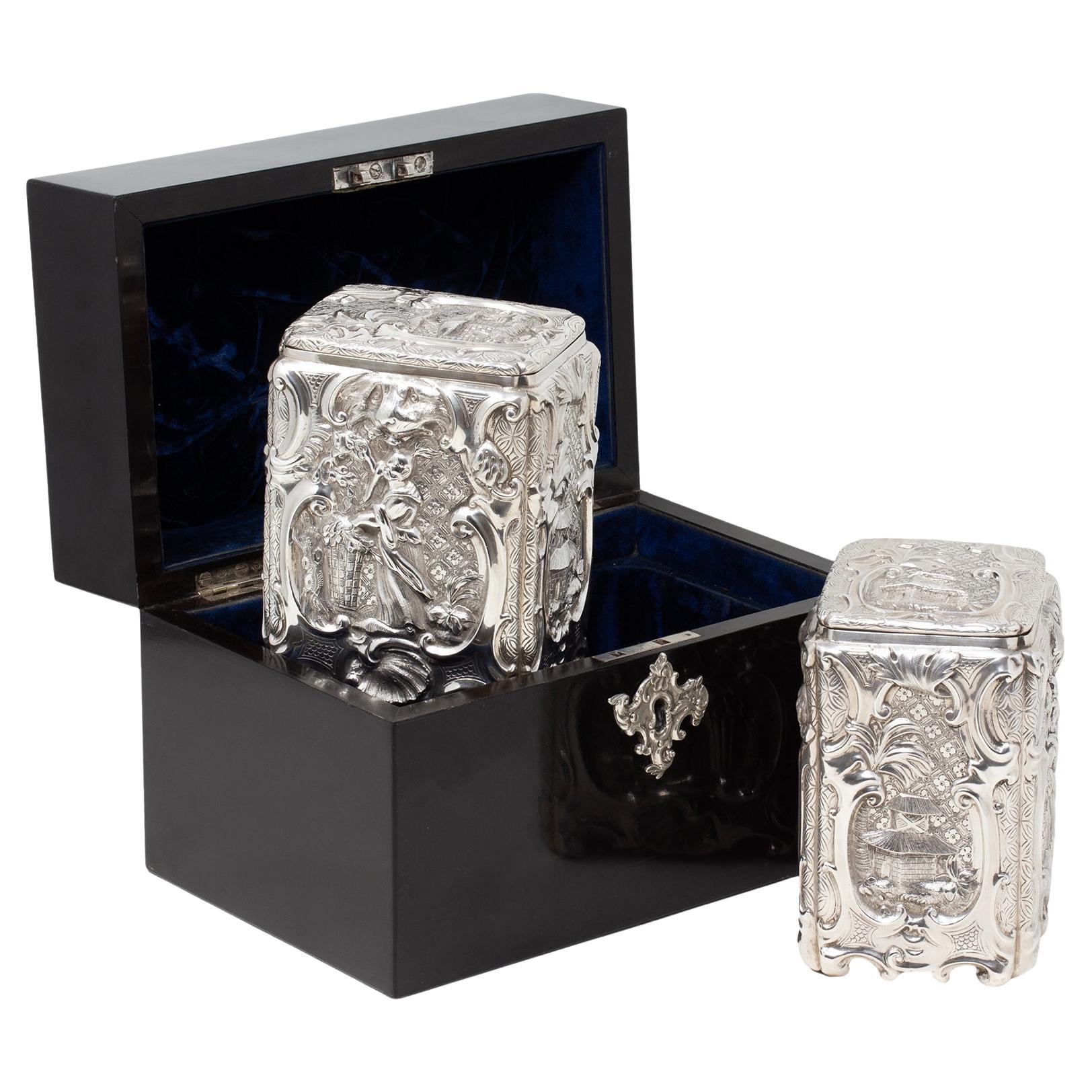 Antique Victorian Royal Horse Racing Prize Tea Chest with Silver Tea Caddies