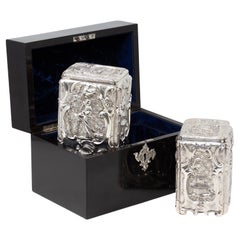 Antique Victorian Royal Horse Racing Prize Tea Chest with Silver Tea Caddies