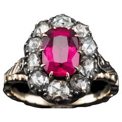 Antique Victorian Rubellite/Pink Tourmaline & Diamond Cluster Ring - c.1880