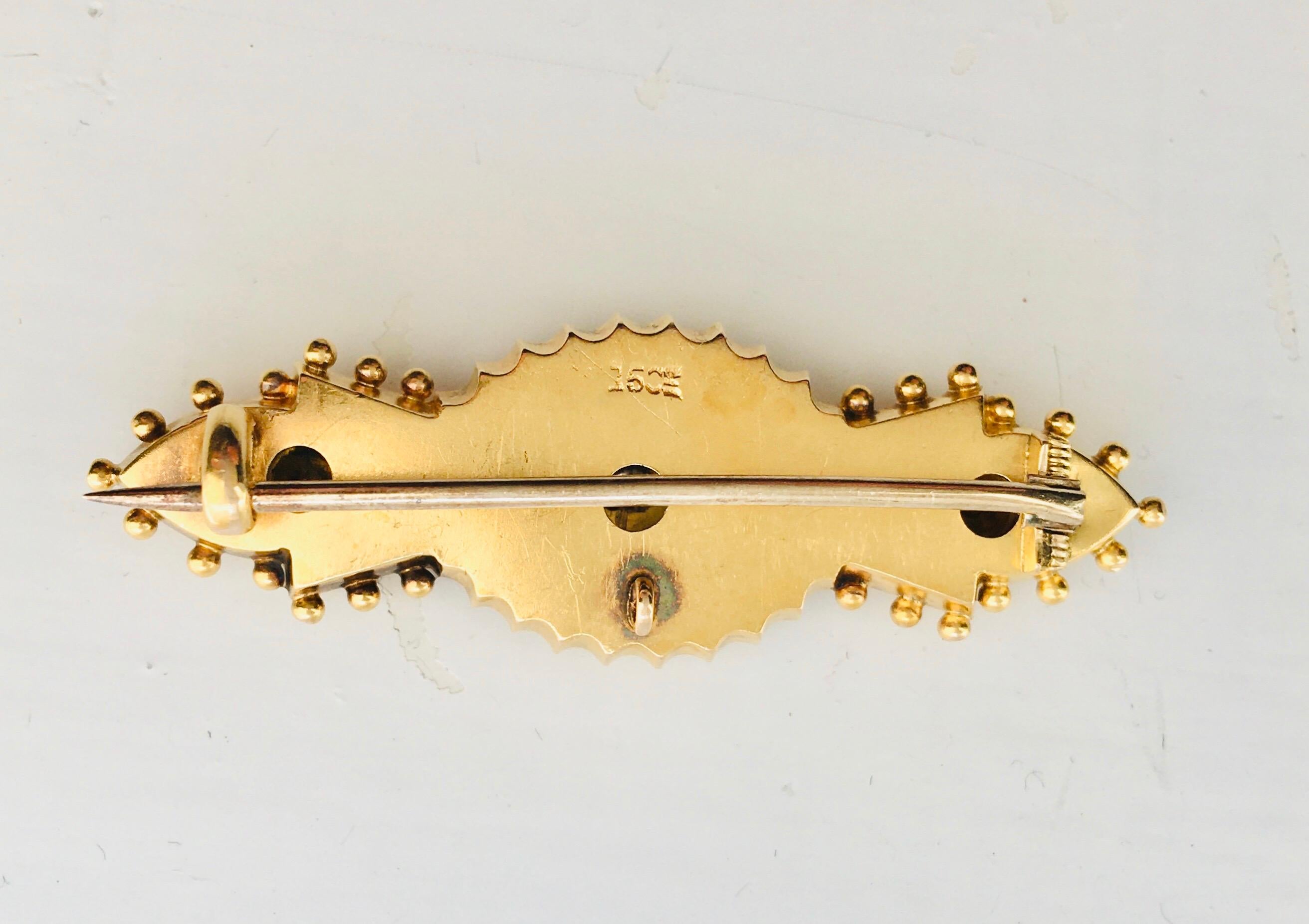 Old European Cut Antique Victorian Ruby 0.10 Carat Diamond 15 Karat Yellow Gold Vintage Brooch For Sale