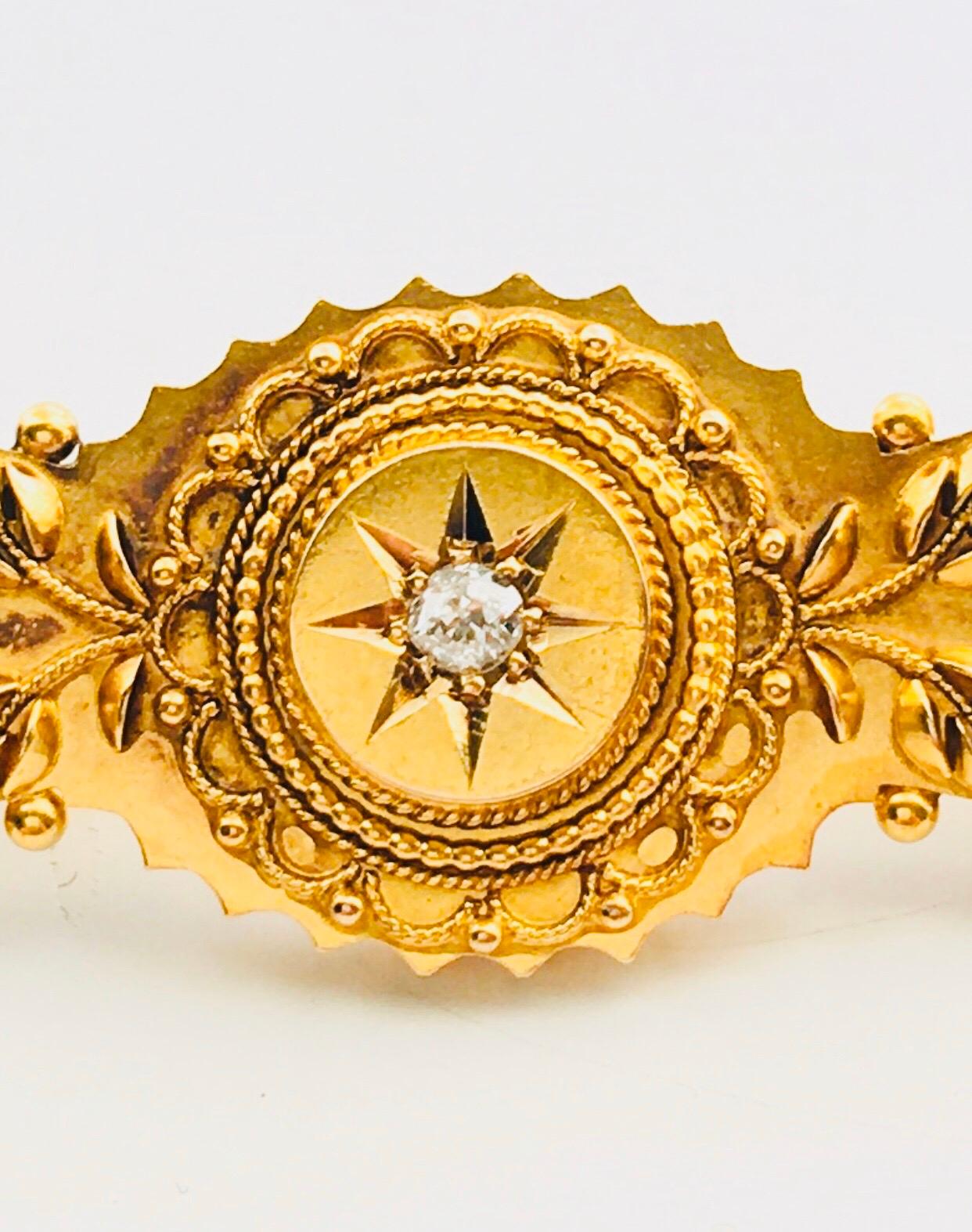 Women's or Men's Antique Victorian Ruby 0.10 Carat Diamond 15 Karat Yellow Gold Vintage Brooch For Sale