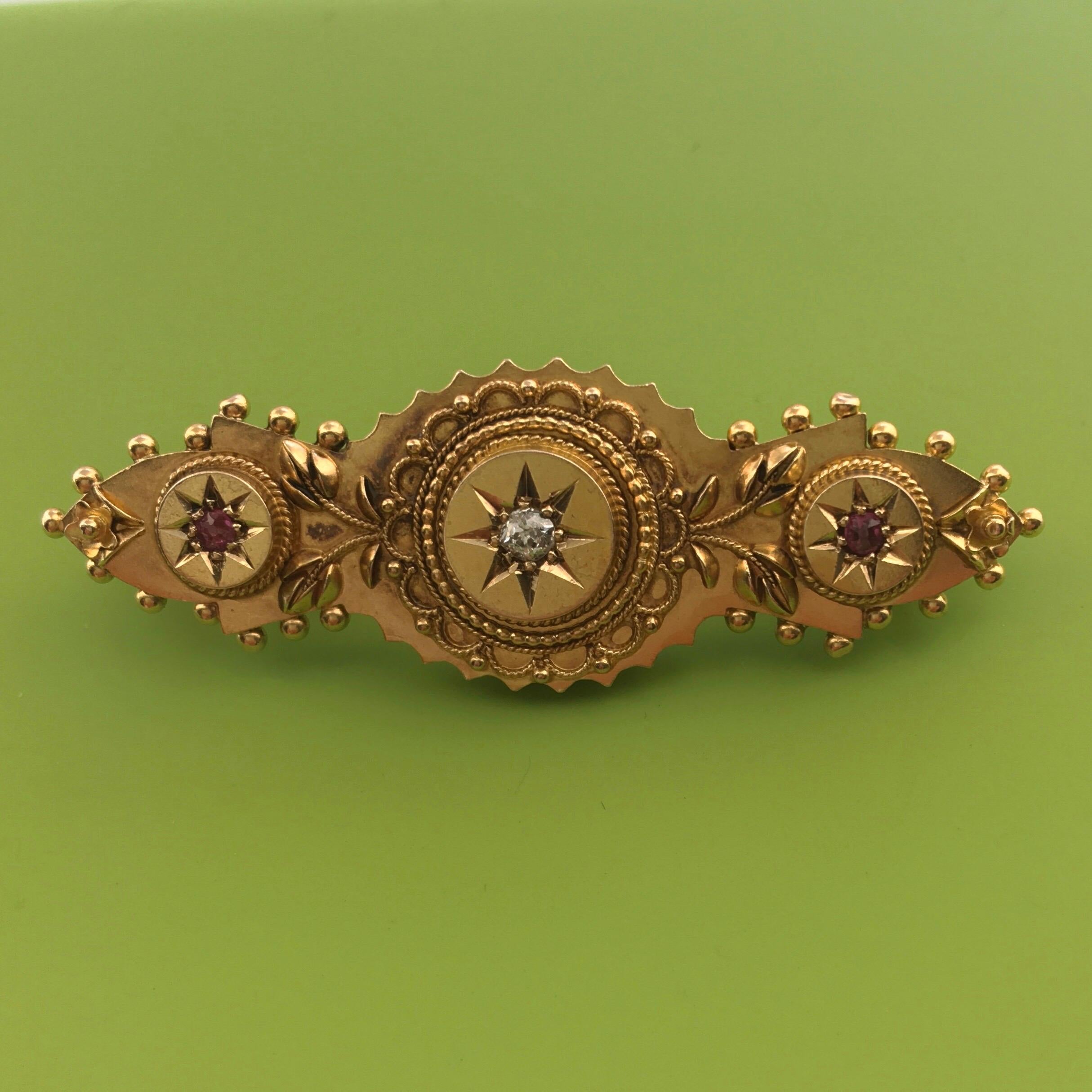Antique Victorian Ruby 0.10 Carat Diamond 15 Karat Yellow Gold Vintage Brooch For Sale 12