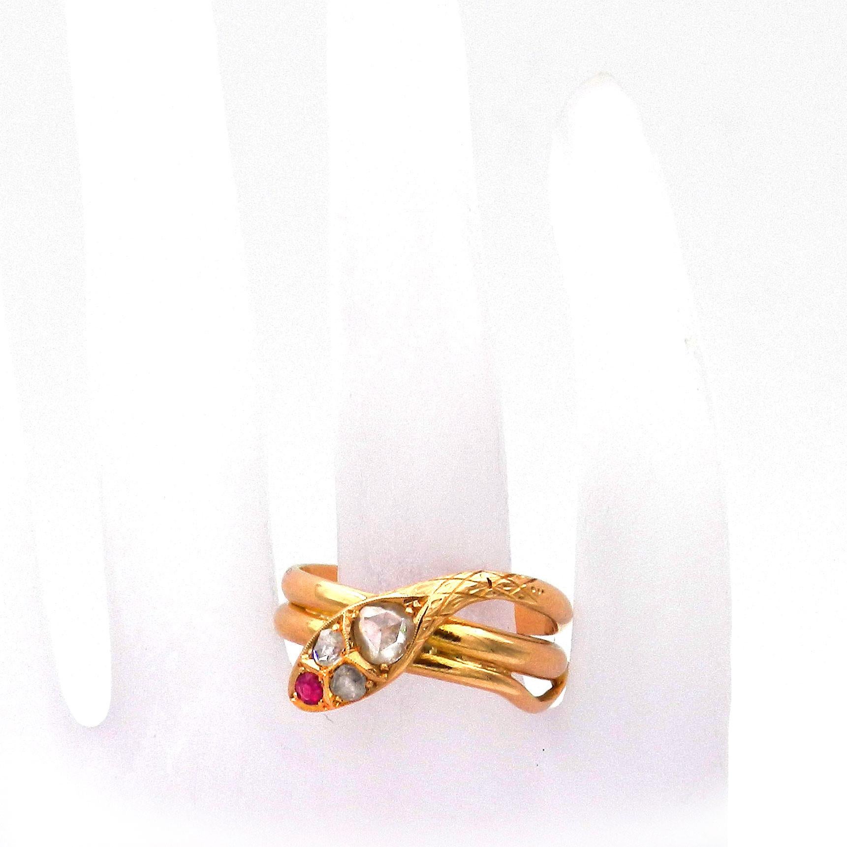 Rose Cut Antique Victorian Ruby and Diamond 18K Gold Snake Ring circa 1880 For Sale