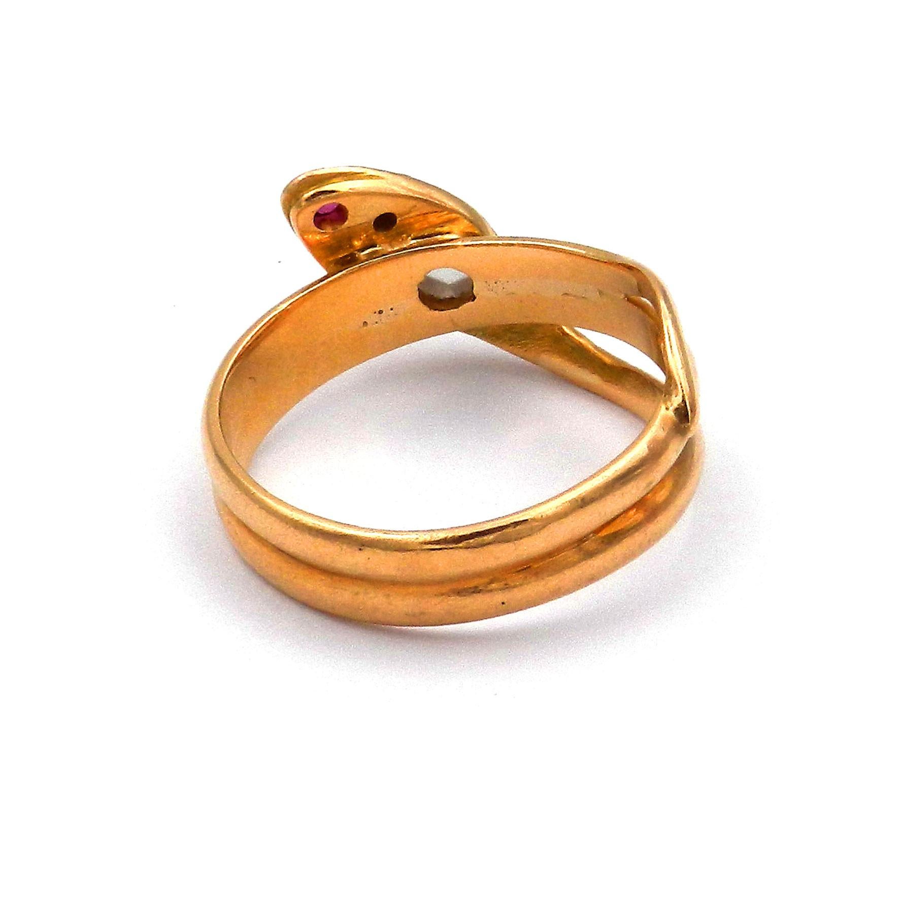 Women's or Men's Antique Victorian Ruby and Diamond 18K Gold Snake Ring circa 1880 For Sale