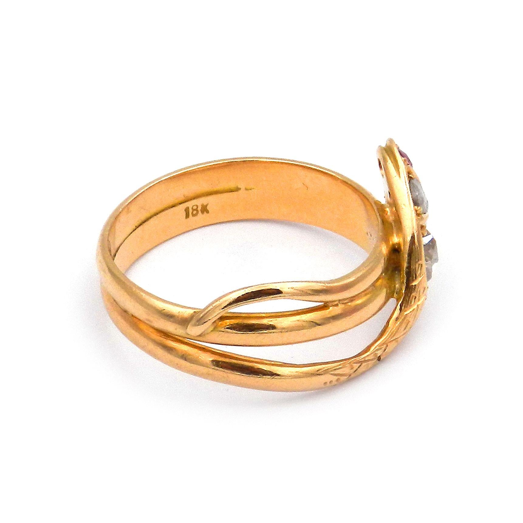 Antique Victorian Ruby and Diamond 18K Gold Snake Ring circa 1880 For Sale 1