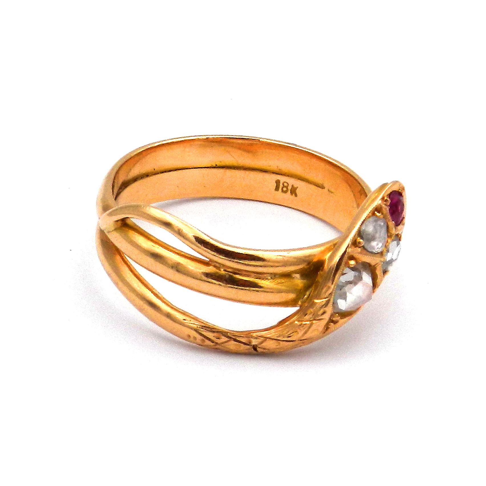 Antique Victorian Ruby and Diamond 18K Gold Snake Ring circa 1880 For Sale 2
