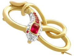 Antique Victorian Ruby and Diamond 22K Yellow Gold Snake Brooch
