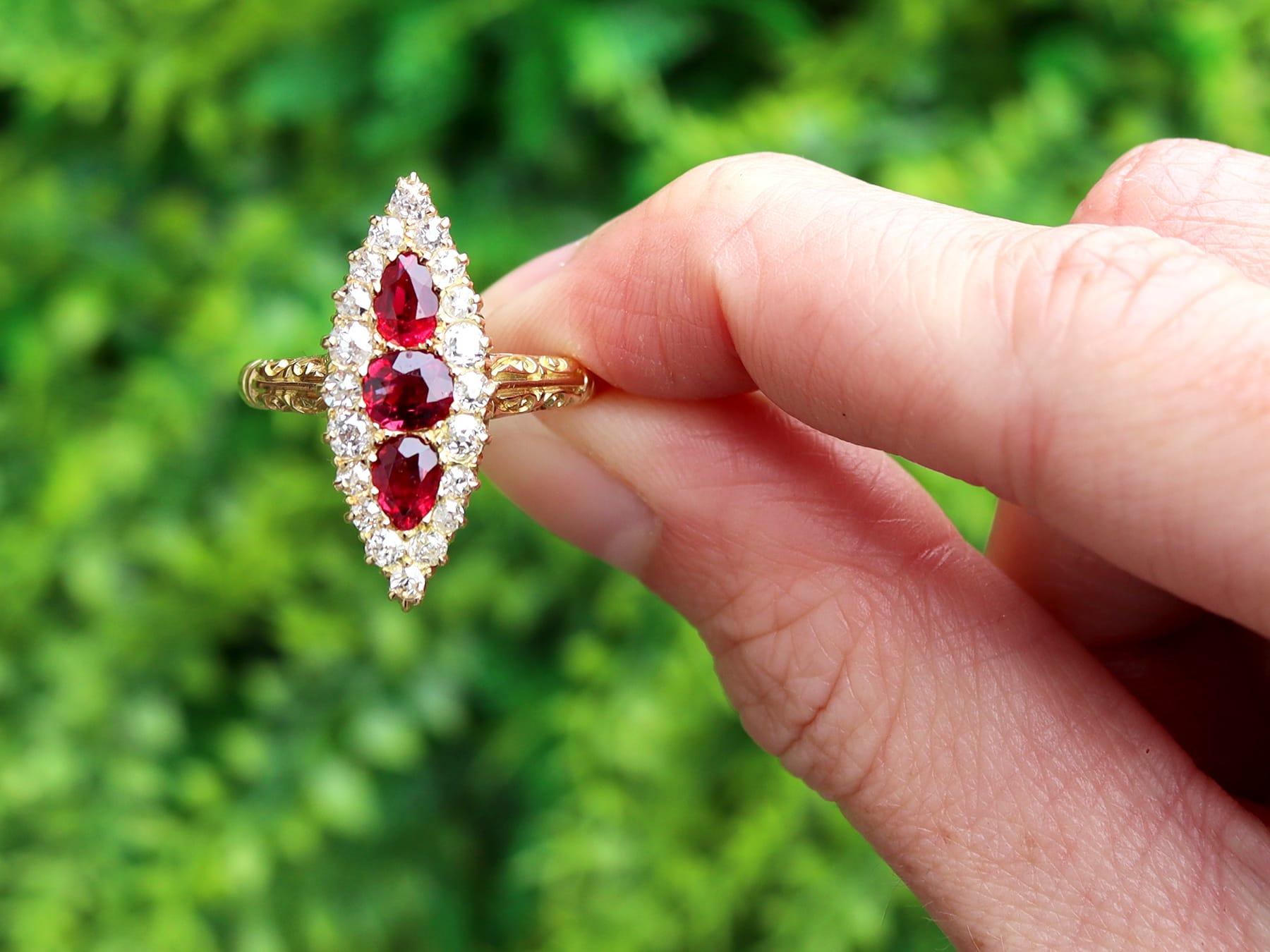 A stunning, fine and impressive antique 1.30 carat ruby and 1.55 carat diamond, 18k yellow gold cocktail ring; part of our diverse antique Victorian jewellery collections. 

This stunning, fine and impressive Victorian ruby ring has been crafted in