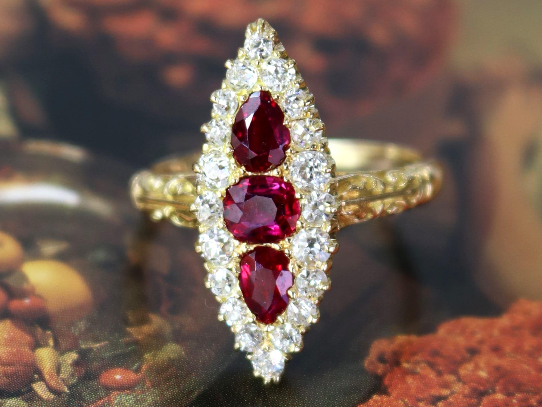 Women's or Men's Antique Victorian Ruby and Diamond Cocktail Ring in 18k Yellow Gold For Sale