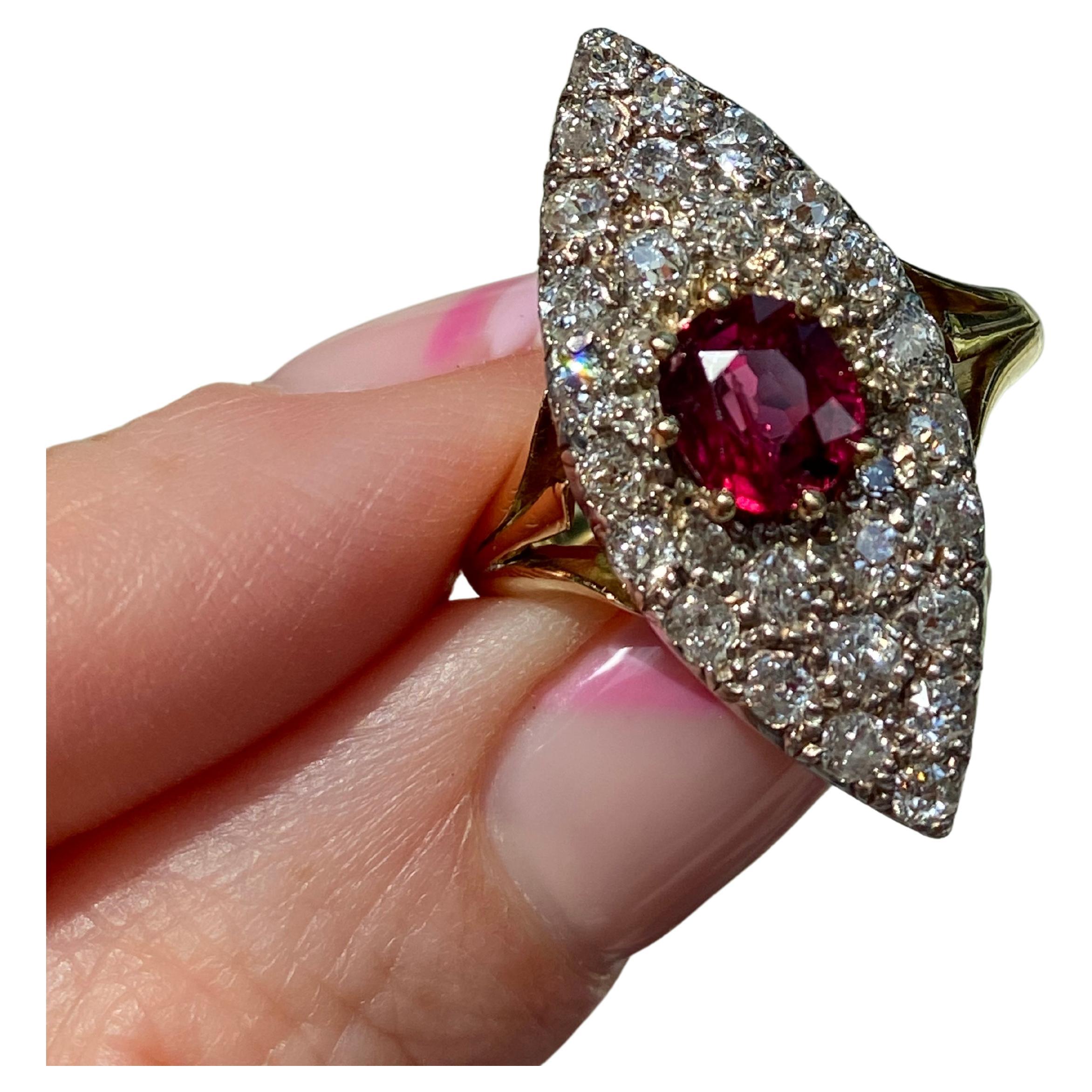 Antique Victorian Ruby and Diamond Navette Ring