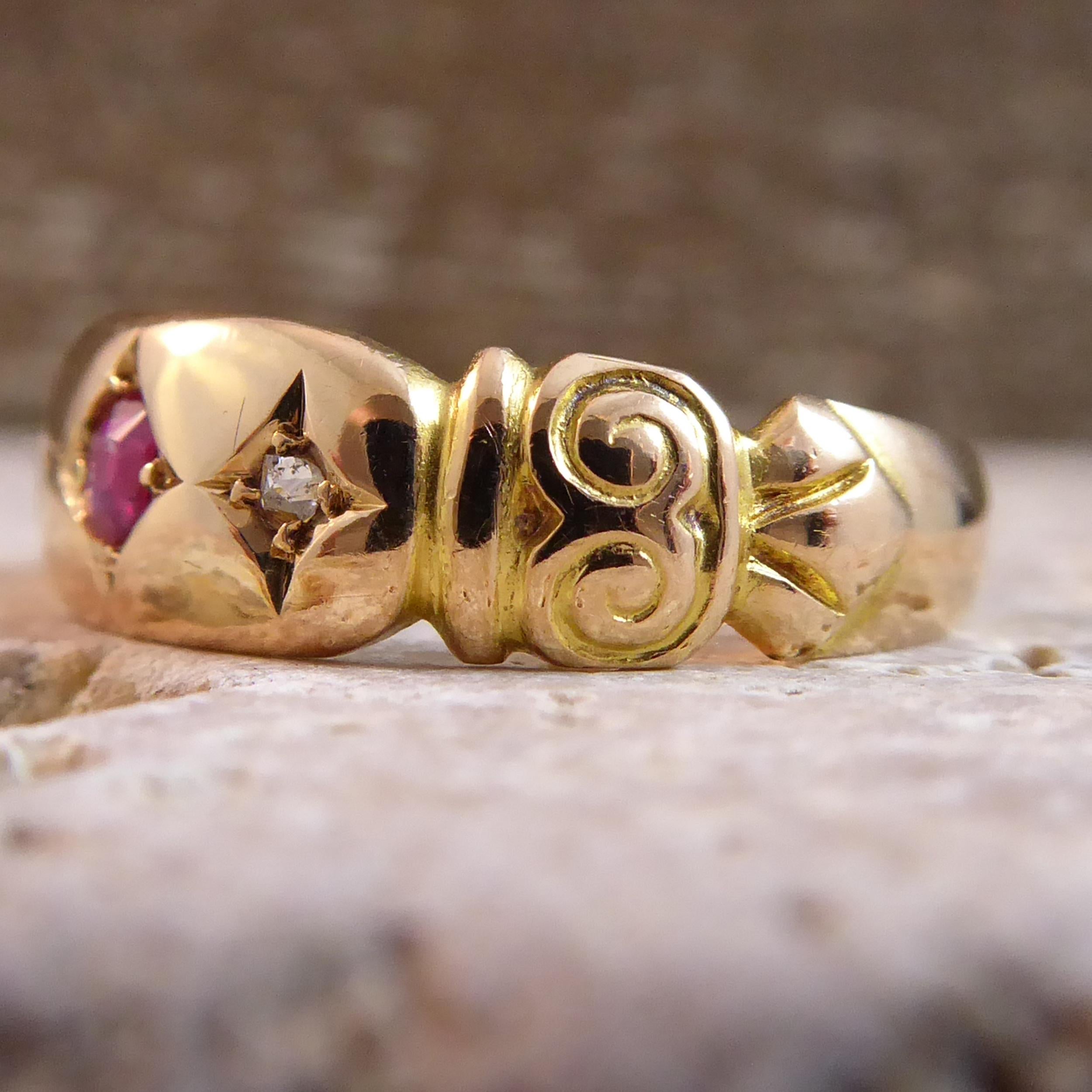 Round Cut Antique Victorian Ruby and Diamond Ring, 15 Carat Gold, Hallmarked Chester, 1897