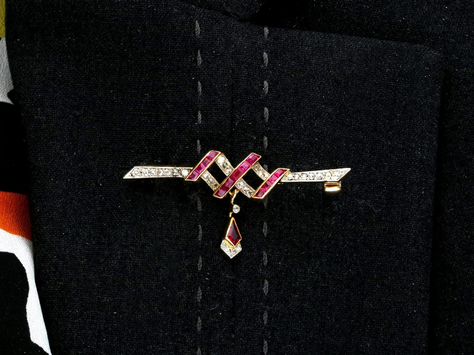 Antique Victorian Ruby and Diamond Yellow Gold Bar Brooch For Sale 1