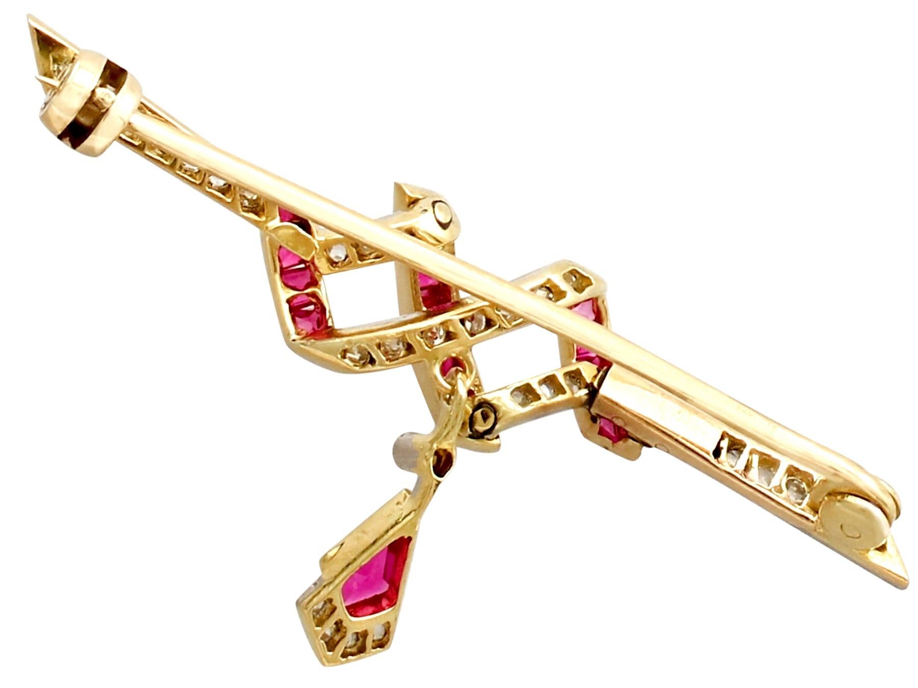 Square Cut Antique Victorian Ruby and Diamond Yellow Gold Bar Brooch For Sale