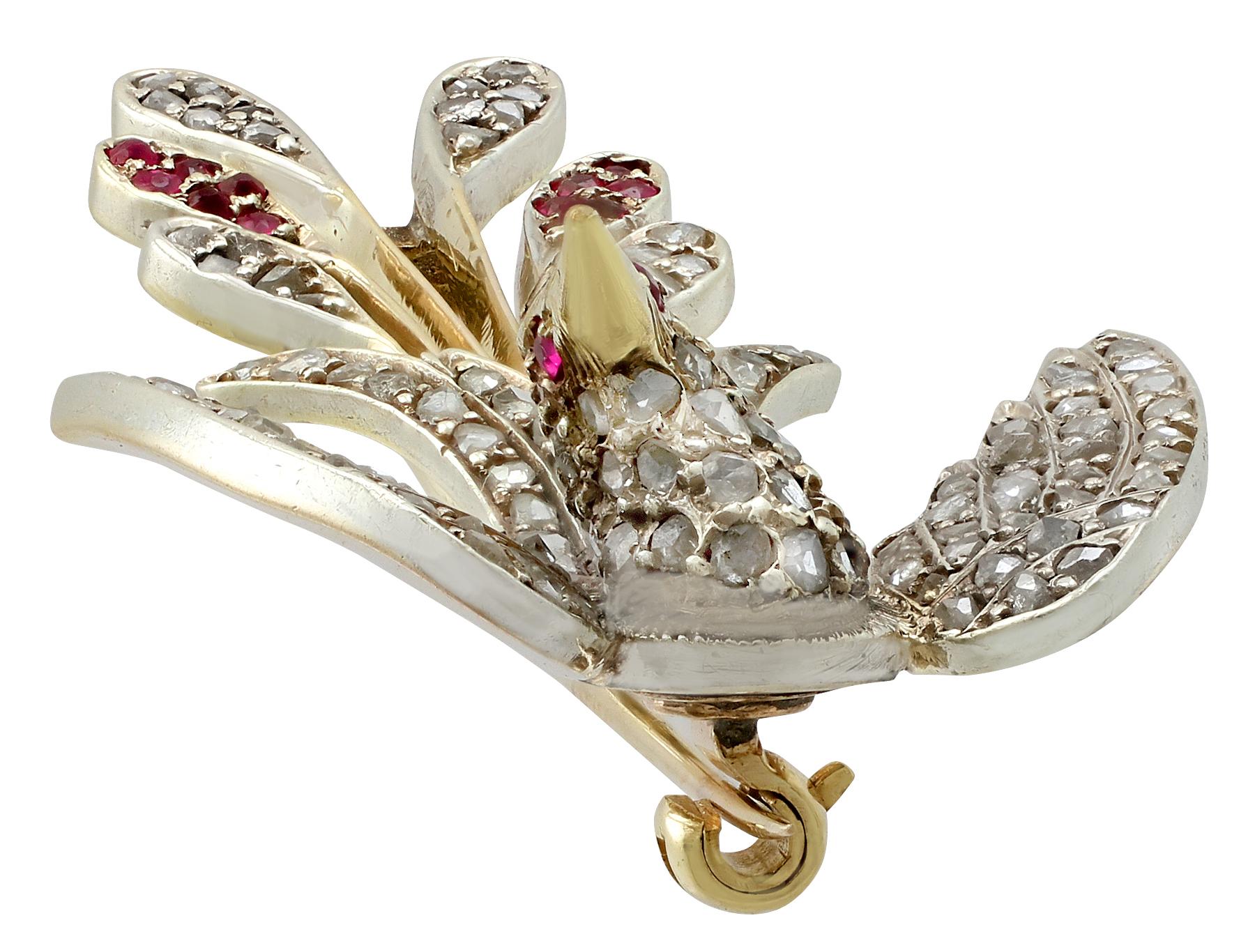 Round Cut Antique Victorian Ruby and Diamond Yellow Gold Bird Brooch