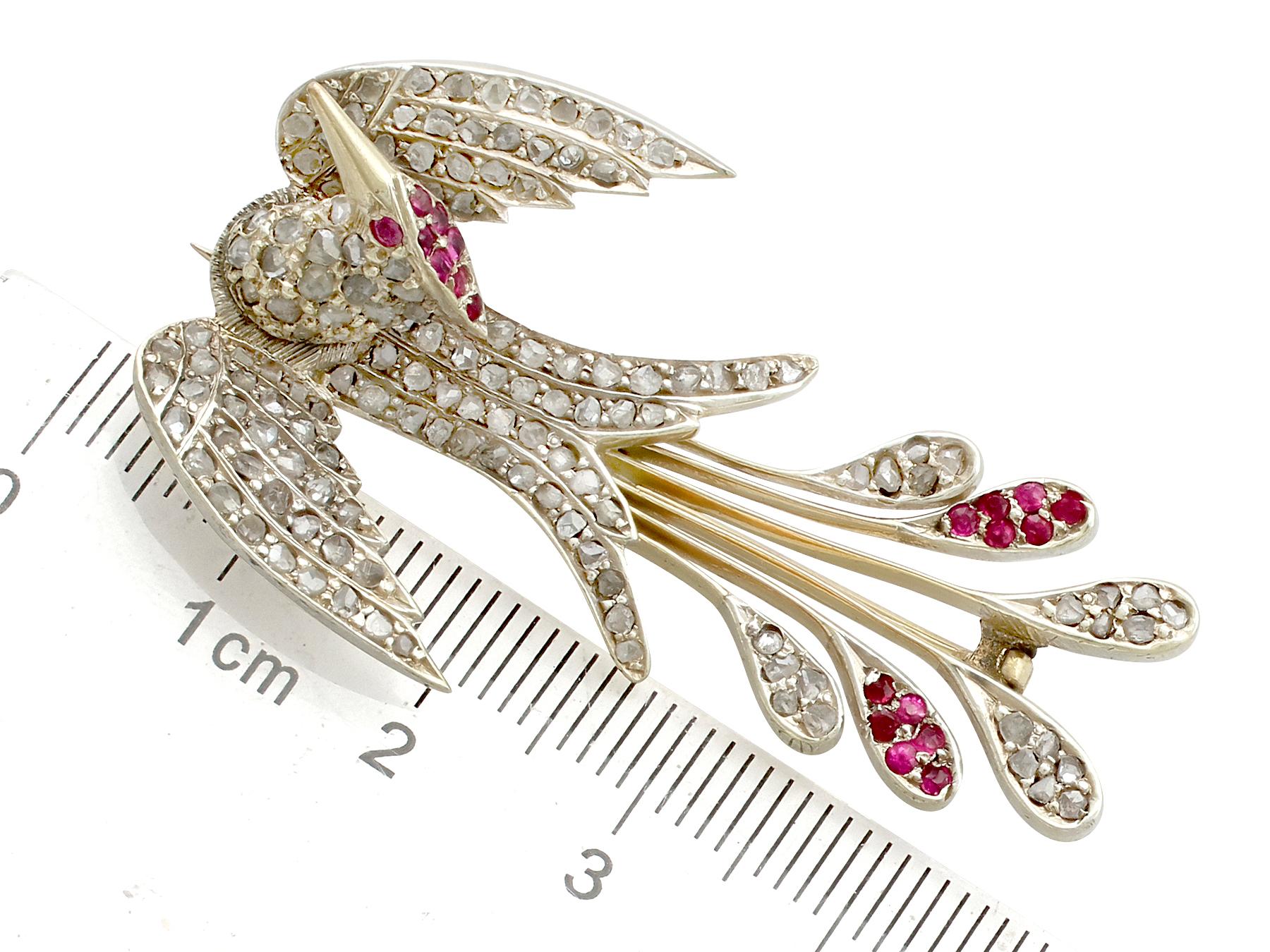 Antique Victorian Ruby and Diamond Yellow Gold Bird Brooch 2