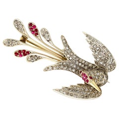 Antique Victorian Ruby and Diamond Yellow Gold Bird Brooch