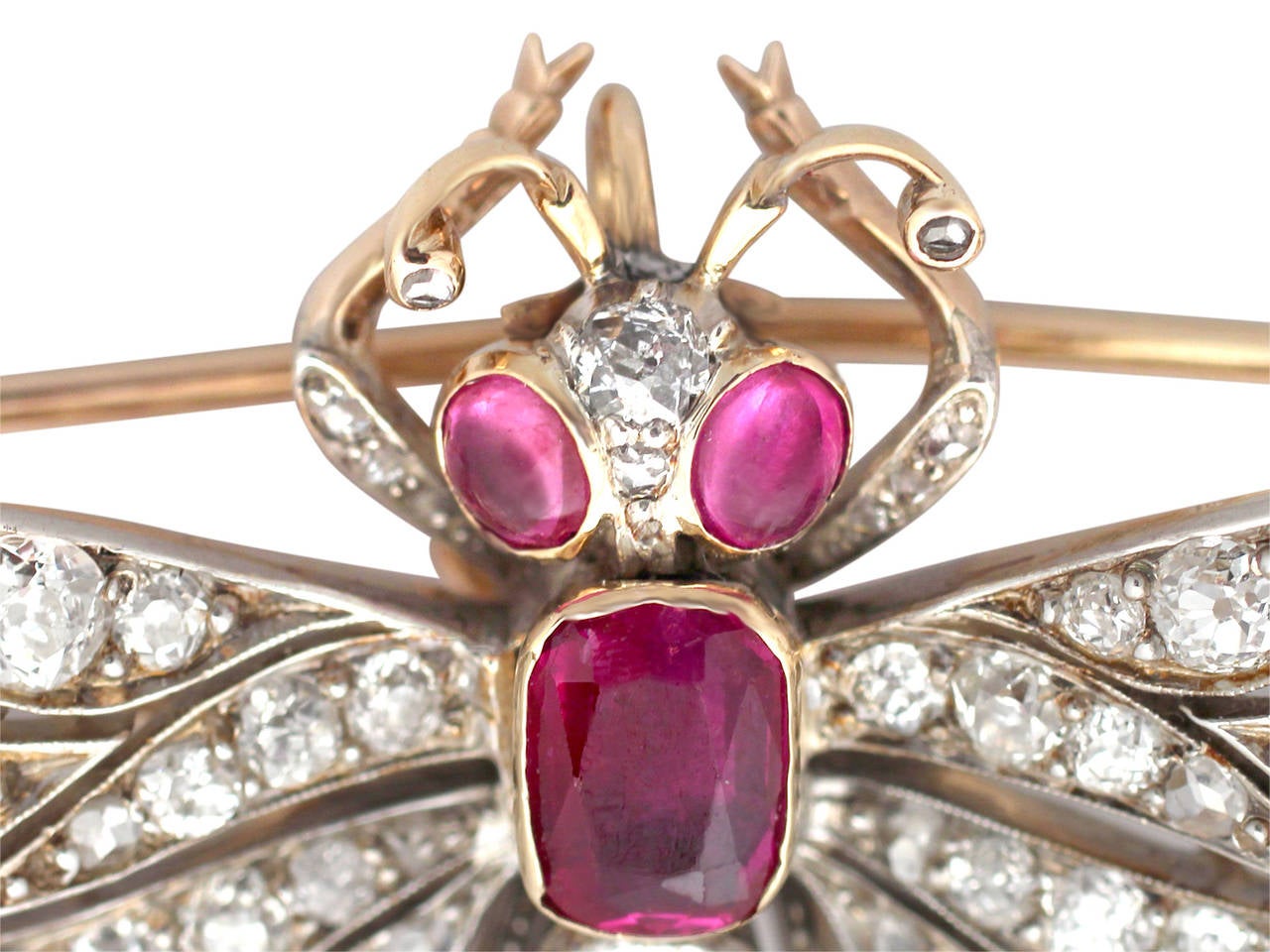 Late Victorian Antique Victorian Ruby and Diamond Yellow Gold Dragonfly Brooch
