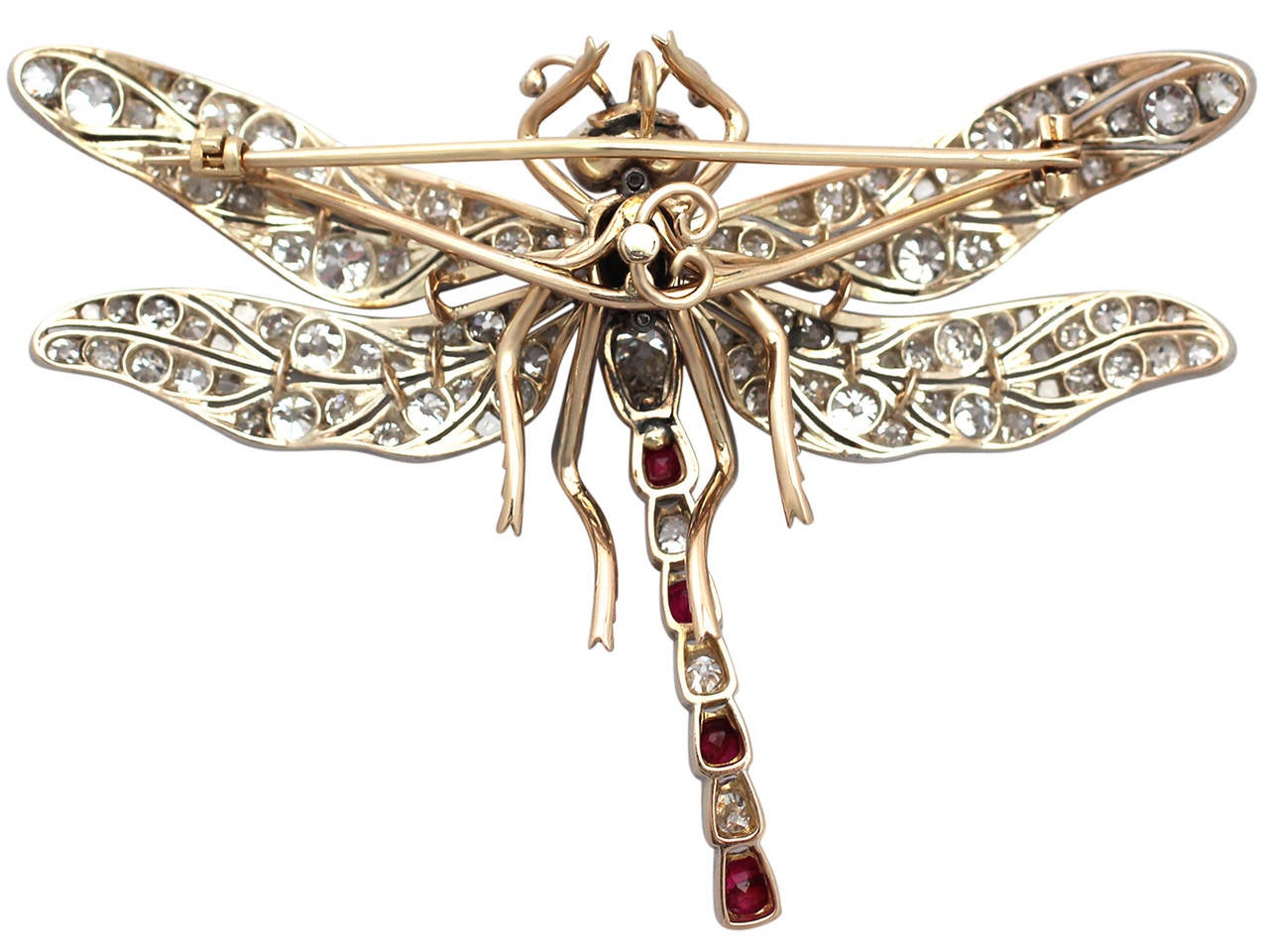 Antique Victorian Ruby and Diamond Yellow Gold Dragonfly Brooch 1