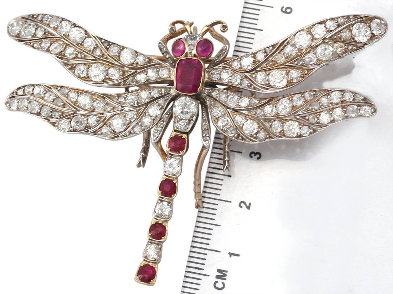 Antique Victorian Ruby and Diamond Yellow Gold Dragonfly Brooch 2