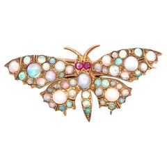 Antique Victorian Ruby and Opal Butterfly Pin in 9k Yellow Gold