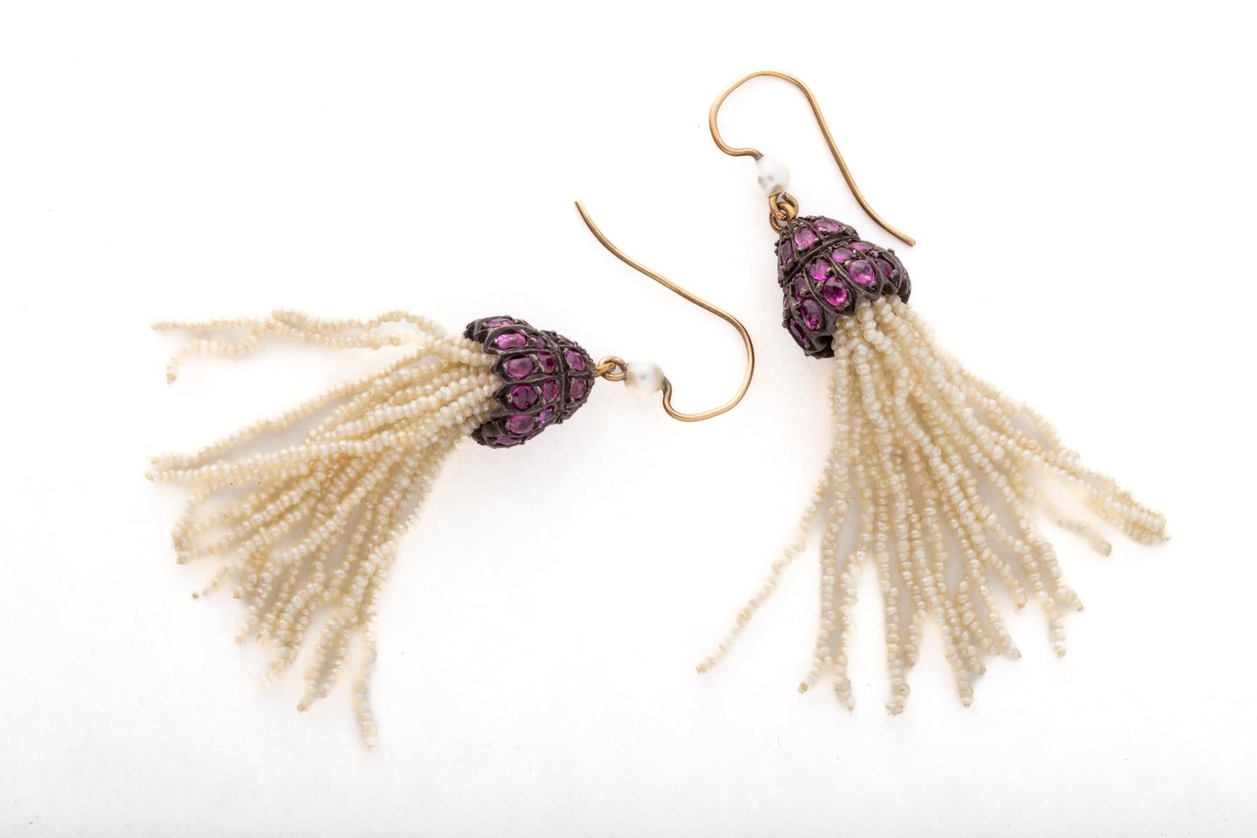 Antique Victorian Ruby and Seed Pearl Fringe Earrings In Excellent Condition For Sale In Stamford, CT
