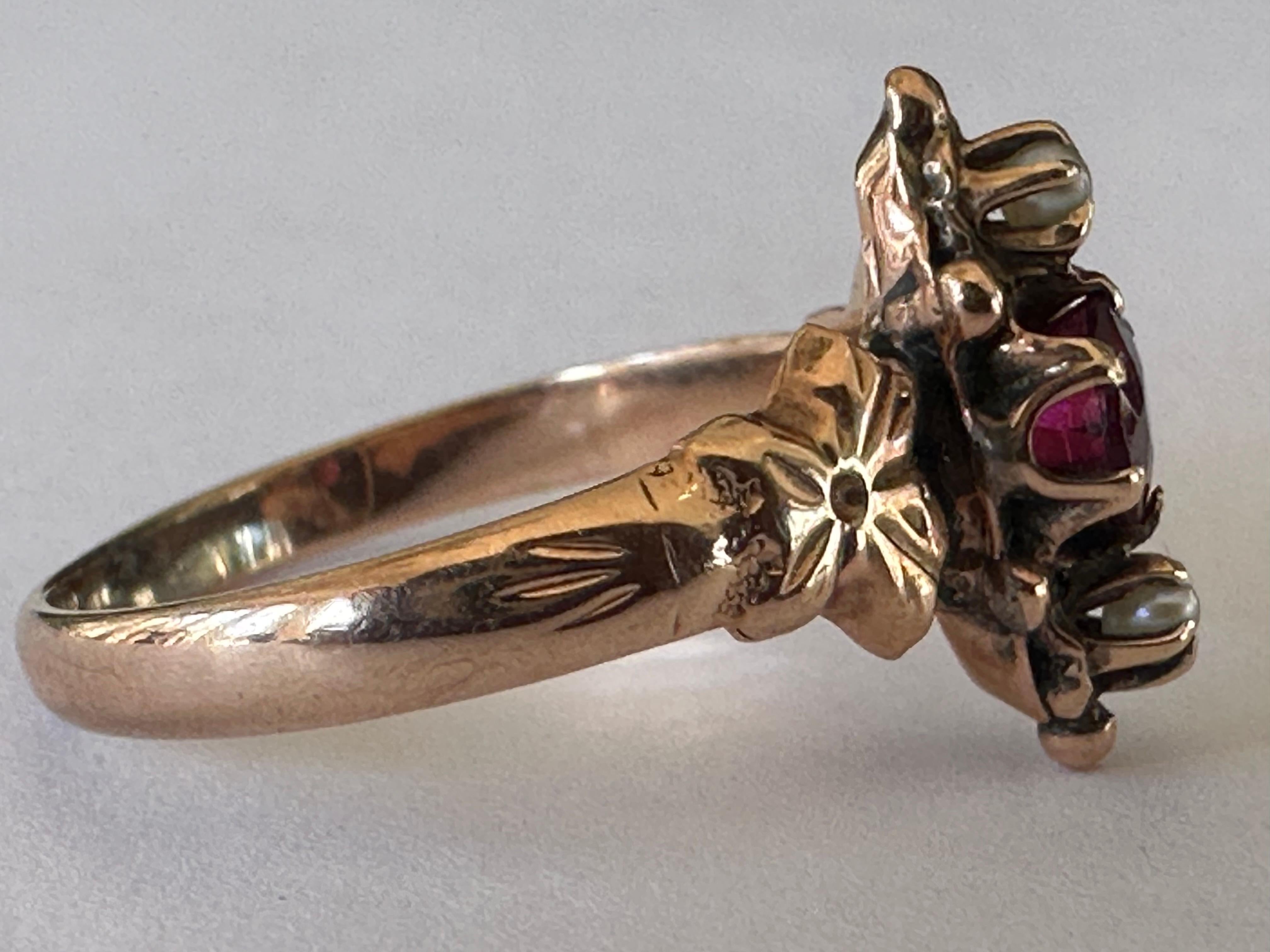 Round Cut Antique Victorian Ruby and Seed Pearl Ring  For Sale