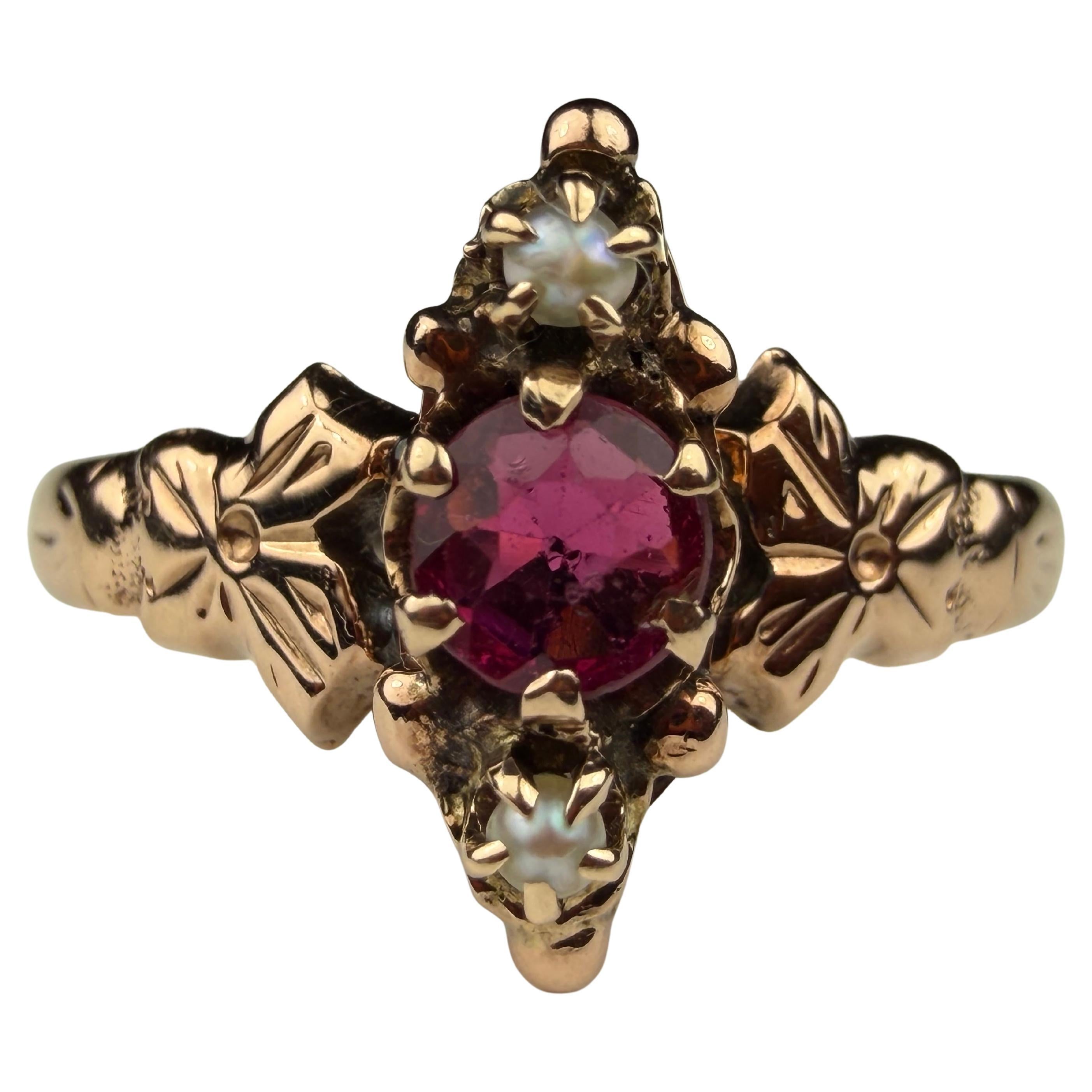 Antique Victorian Ruby and Seed Pearl Ring For Sale