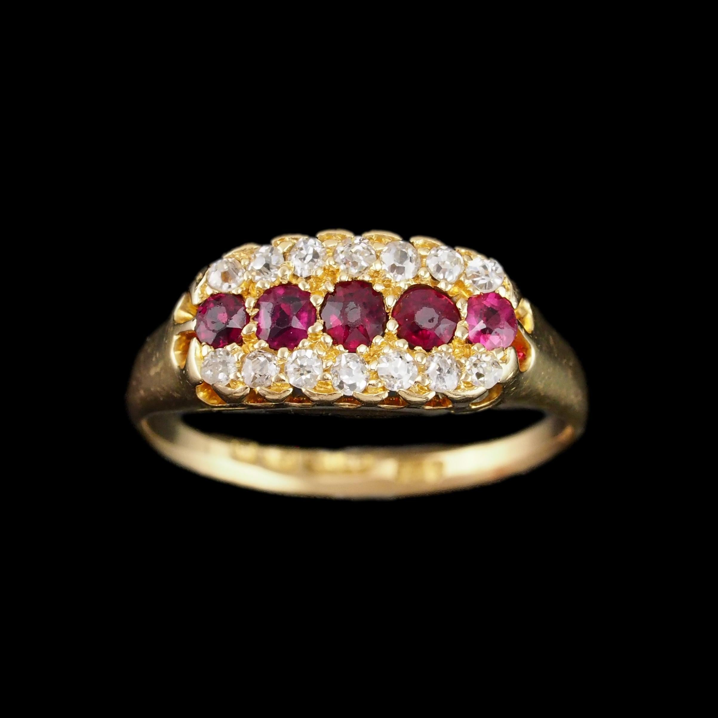 Antique Victorian Ruby & Diamond 18K Gold Cluster Boat Shaped Ring - 1896 6