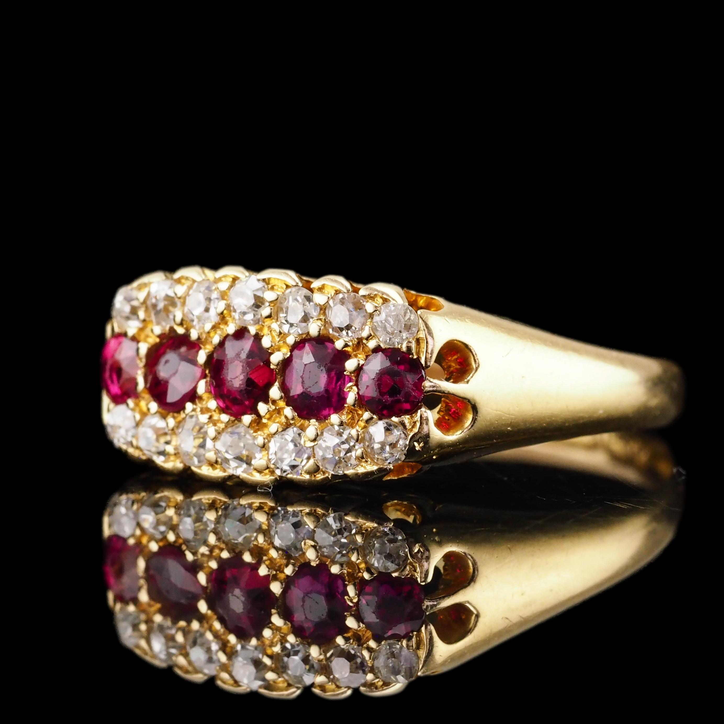 Antique Victorian Ruby & Diamond 18K Gold Cluster Boat Shaped Ring - 1896 7