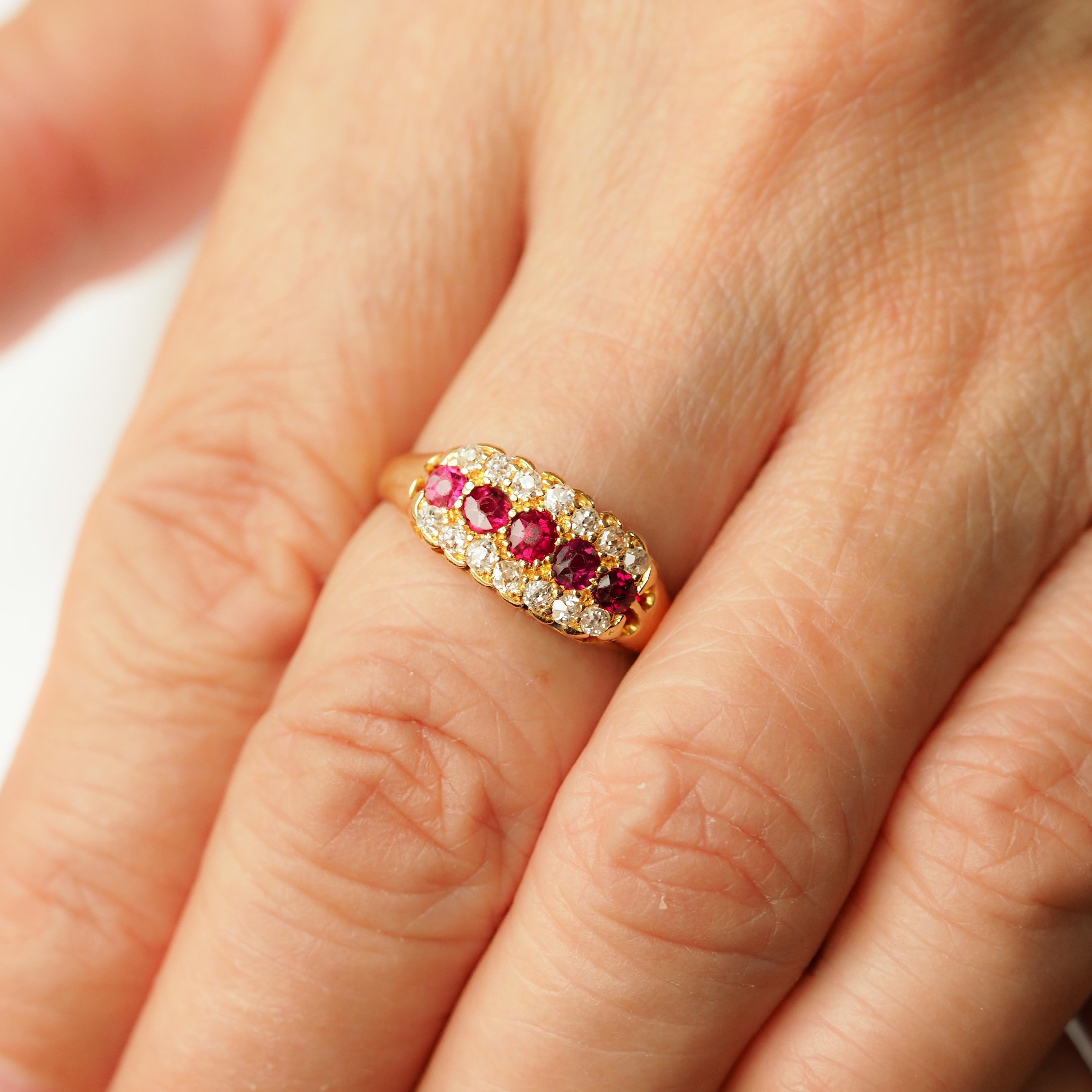 Antique Victorian Ruby & Diamond 18K Gold Cluster Boat Shaped Ring - 1896 8
