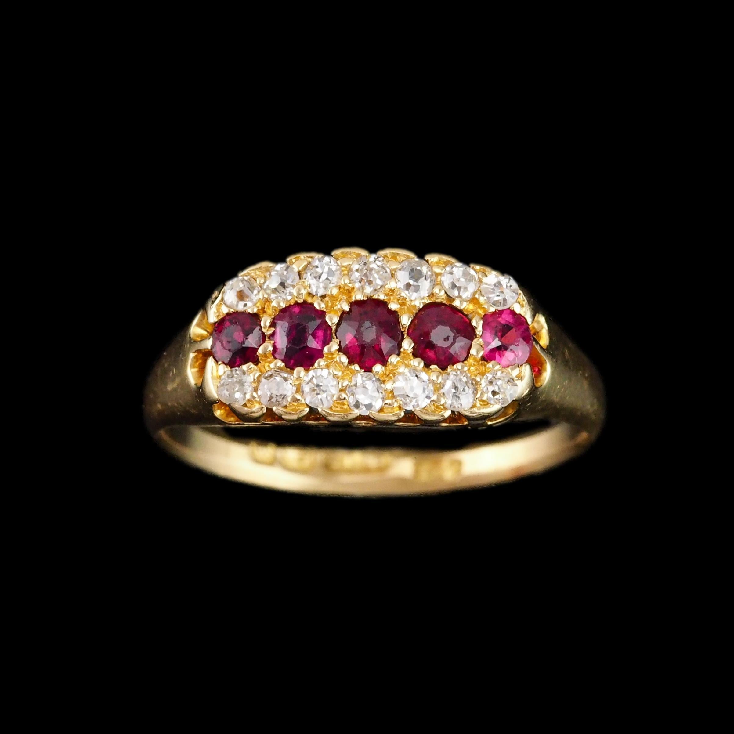 Antique Victorian Ruby & Diamond 18K Gold Cluster Boat Shaped Ring - 1896 9