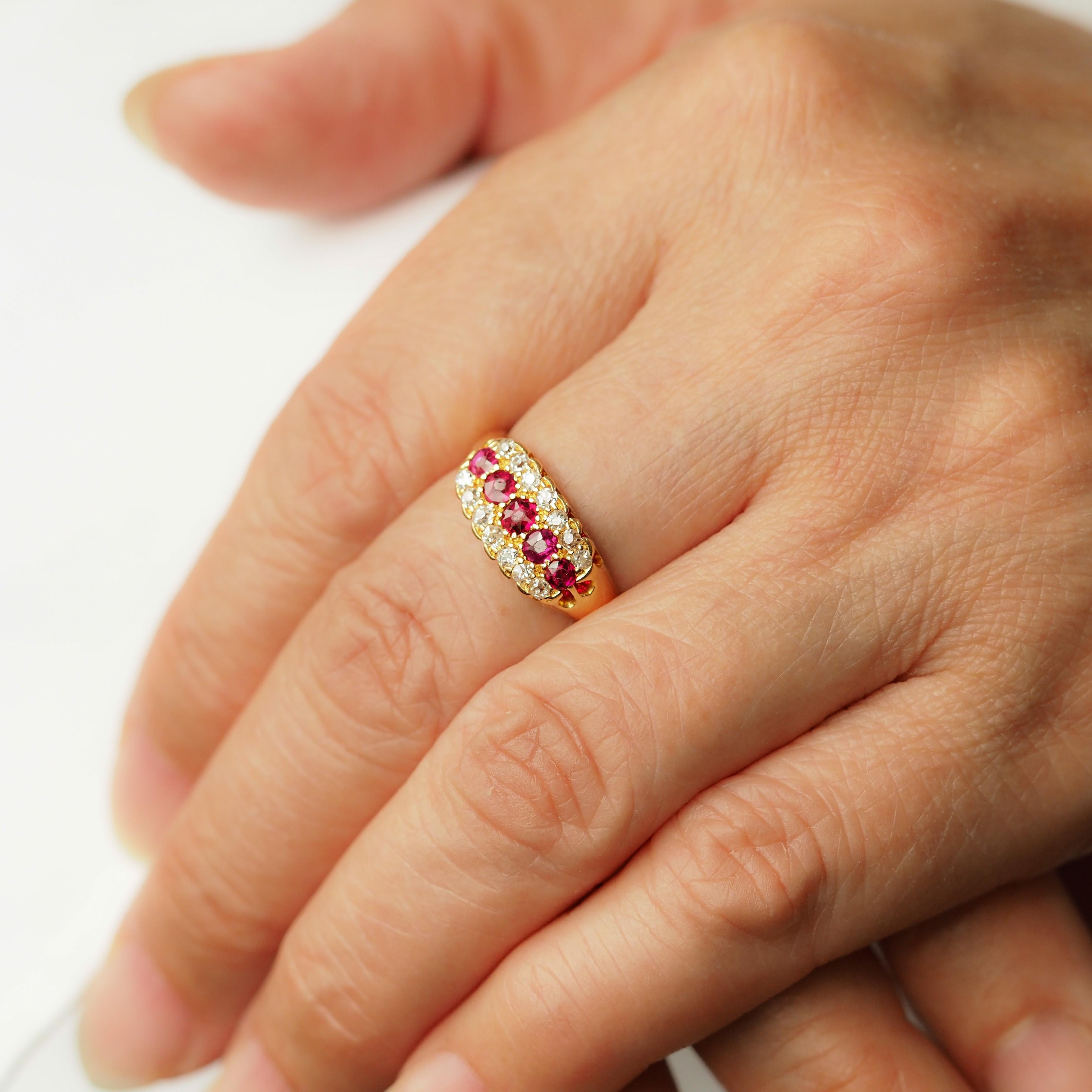 Antique Victorian Ruby & Diamond 18K Gold Cluster Boat Shaped Ring - 1896 10