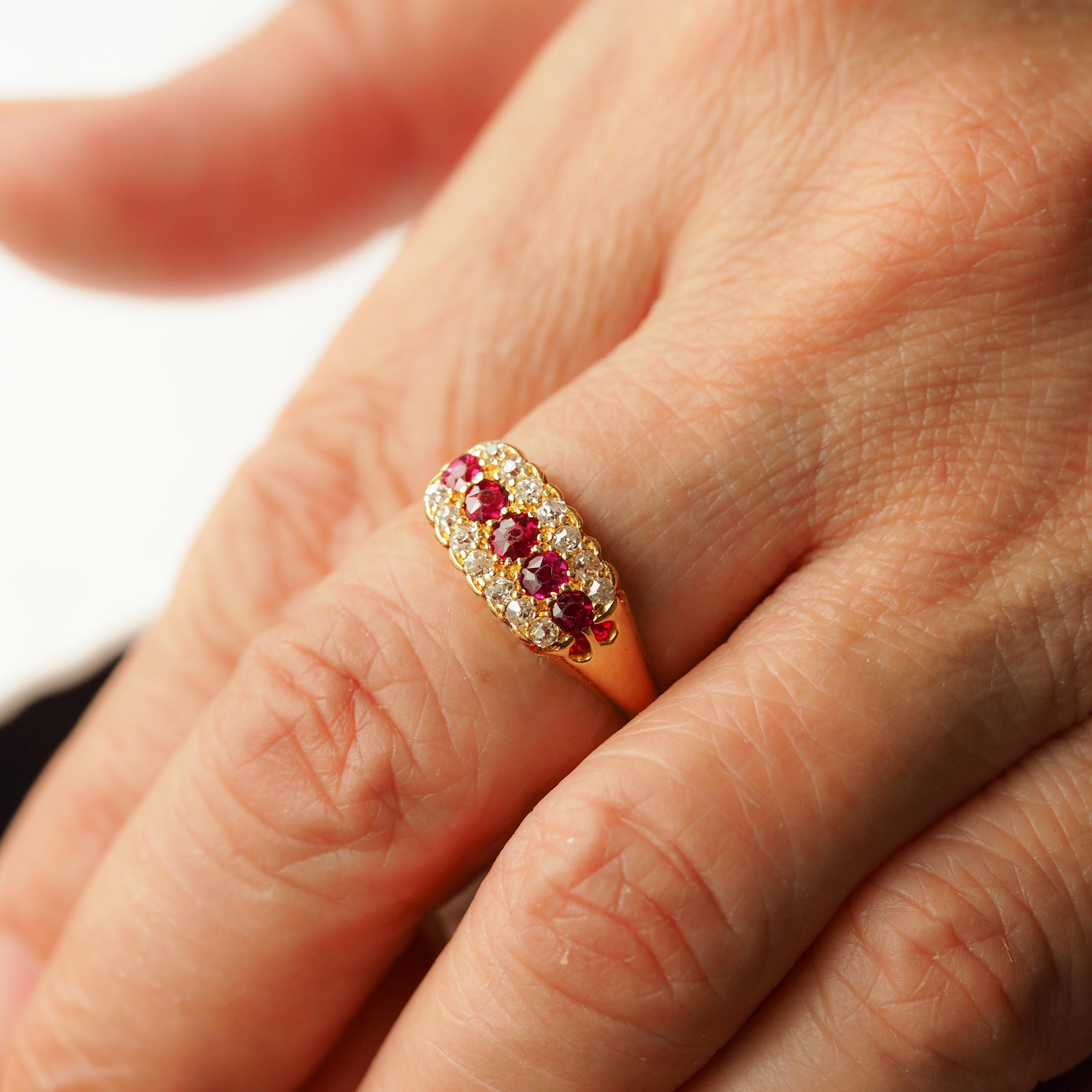 Antique Victorian Ruby & Diamond 18K Gold Cluster Boat Shaped Ring - 1896 11