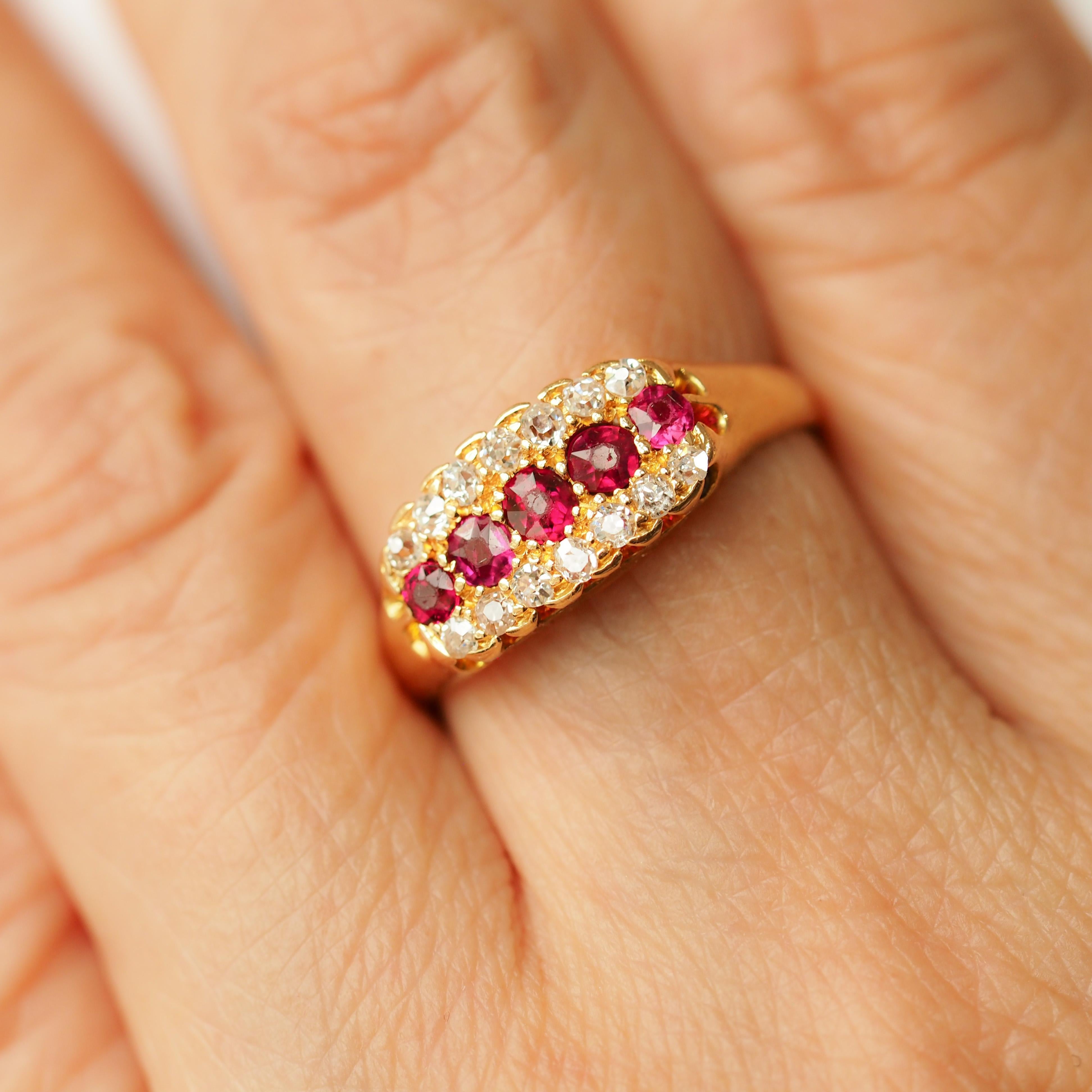 We are delighted to offer this stunning antique 18ct gold ruby and diamond three-row design ring made in Birmingham 1896. 

The ring is made from 18ct antique gold and has a wonderful soft buttery gold tone which wonderfully complements and elevates