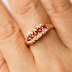 Antique Victorian Ruby & Diamond 18K Gold Cluster Boat Shaped Ring - 1896