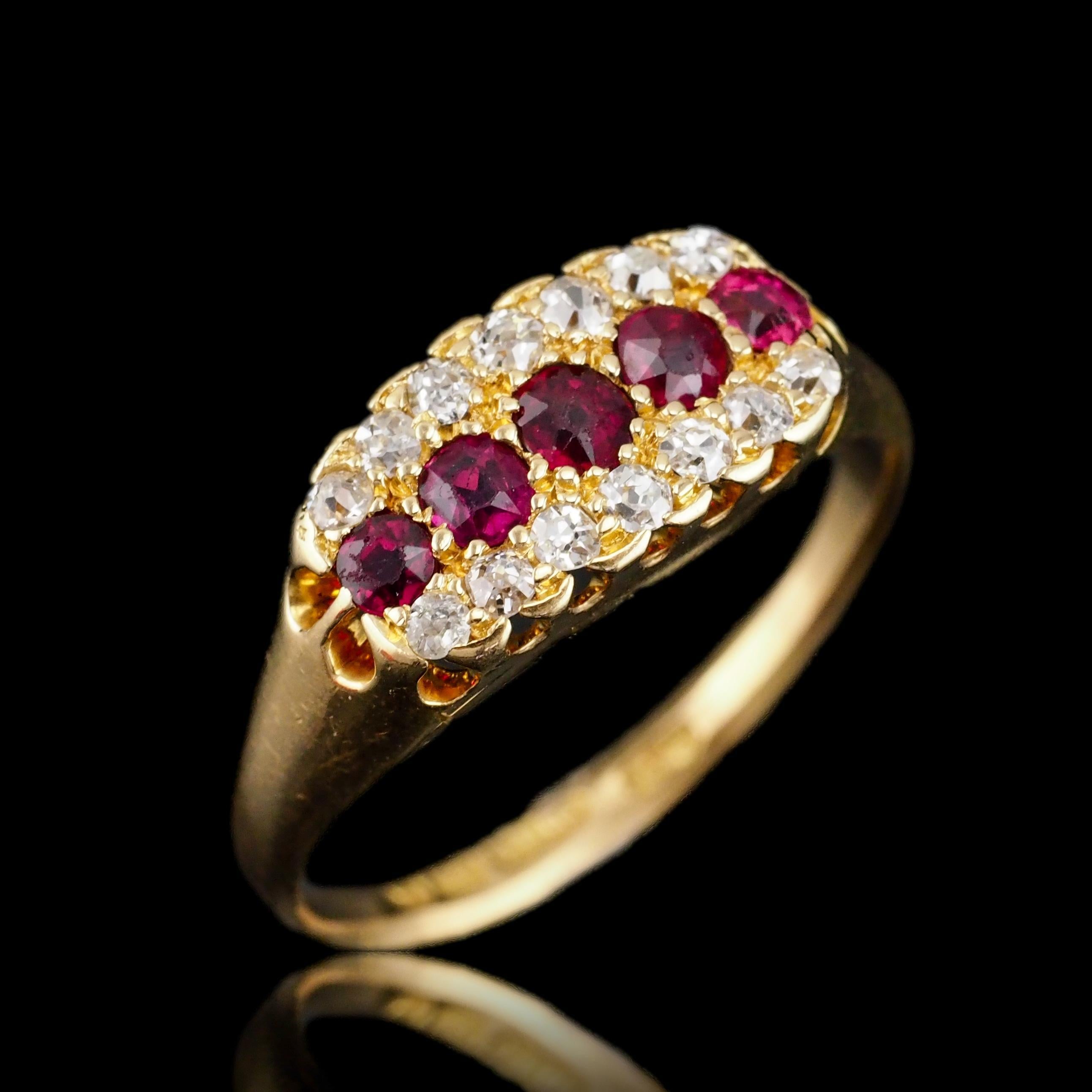 Old European Cut Antique Victorian Ruby & Diamond 18K Gold Cluster Boat Shaped Ring - 1896