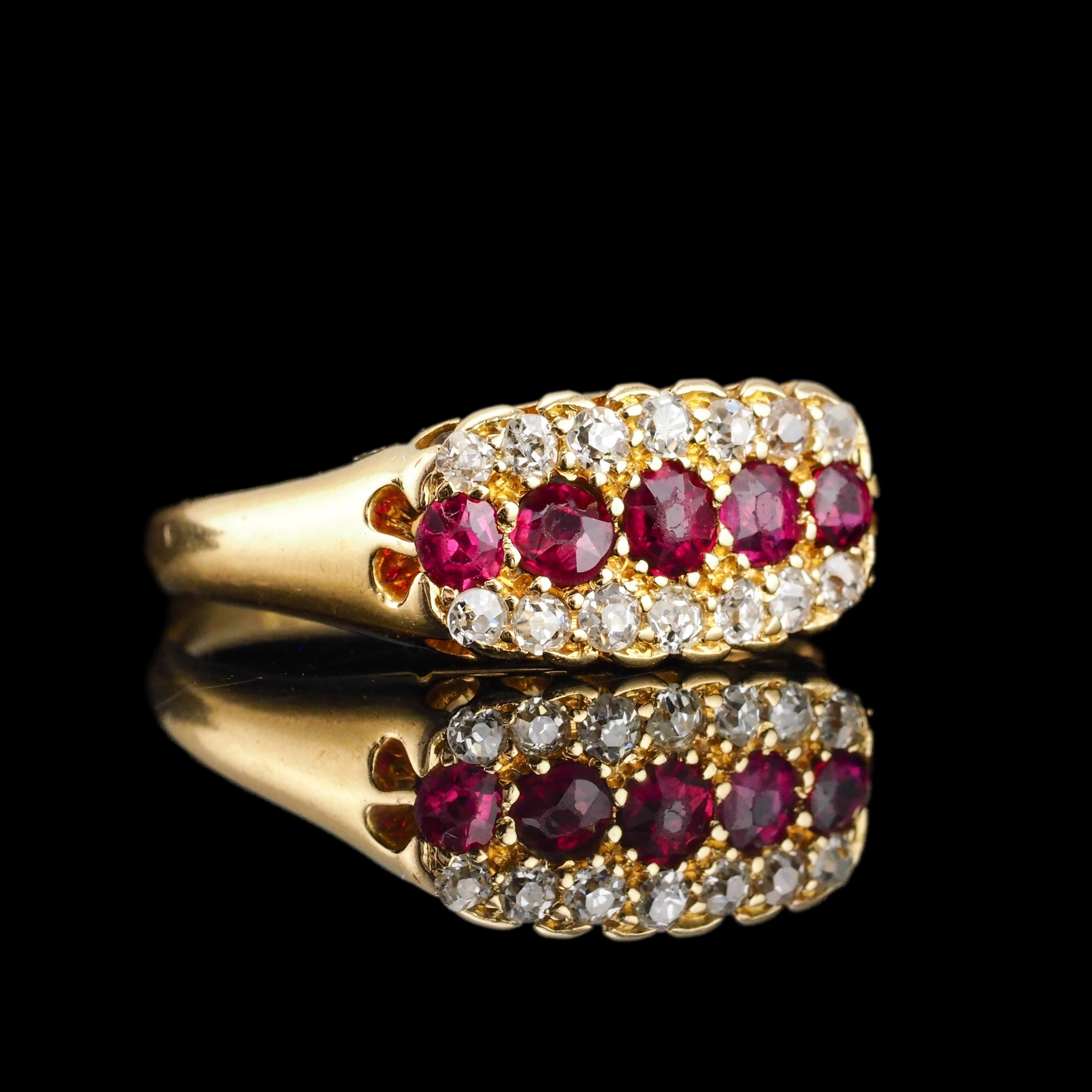 Antique Victorian Ruby & Diamond 18K Gold Cluster Boat Shaped Ring - 1896 In Good Condition In London, GB