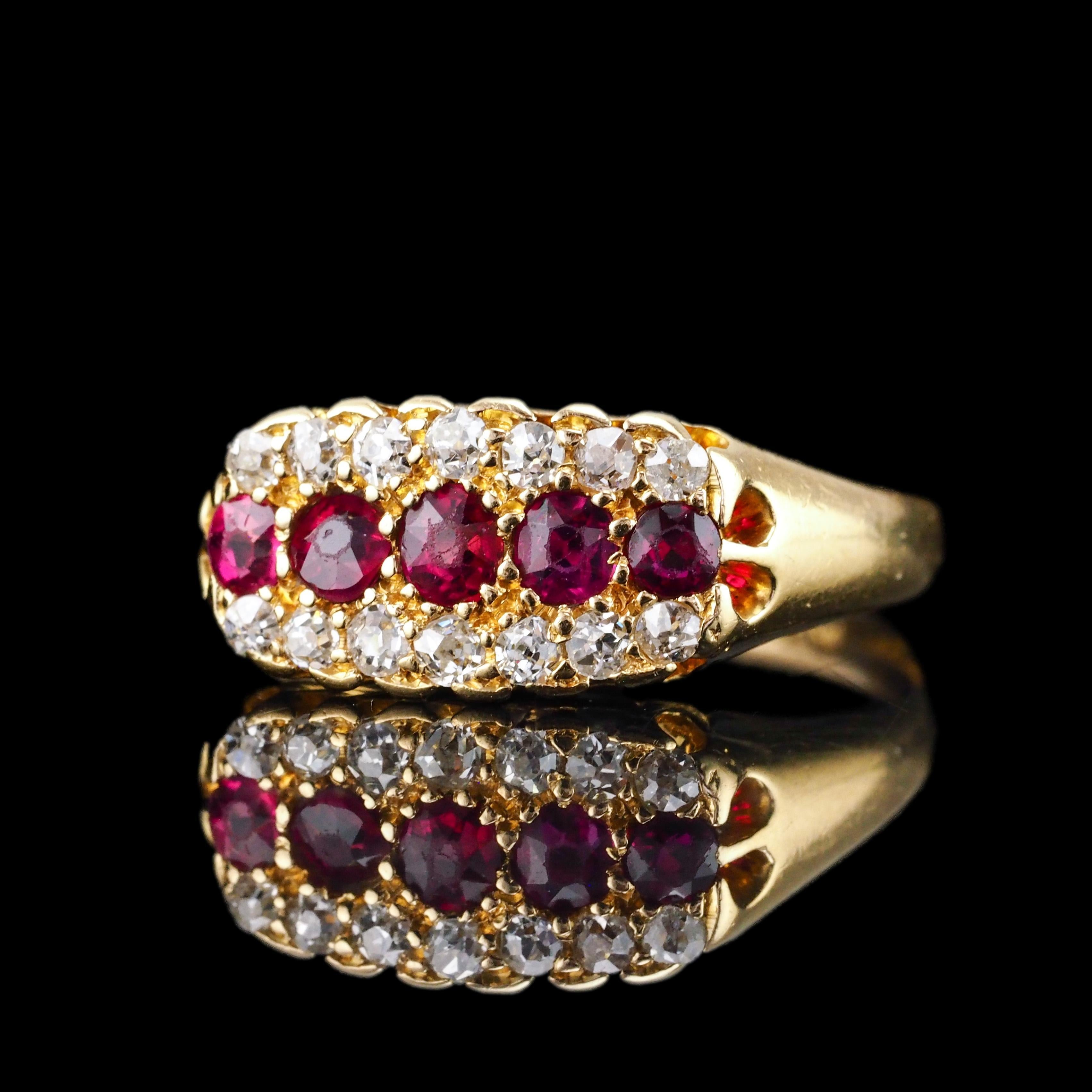 Women's Antique Victorian Ruby & Diamond 18K Gold Cluster Boat Shaped Ring - 1896