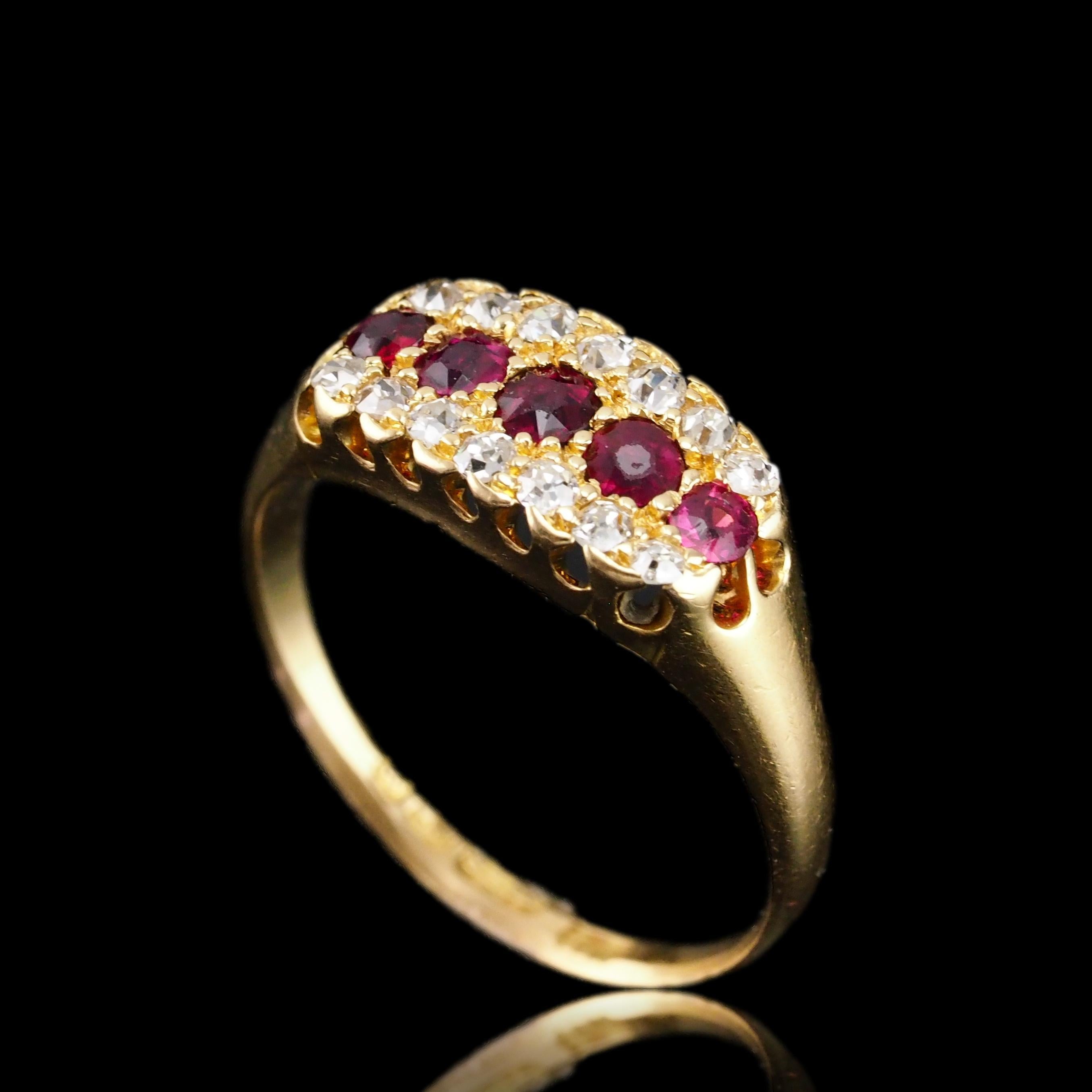 Antique Victorian Ruby & Diamond 18K Gold Cluster Boat Shaped Ring - 1896 1
