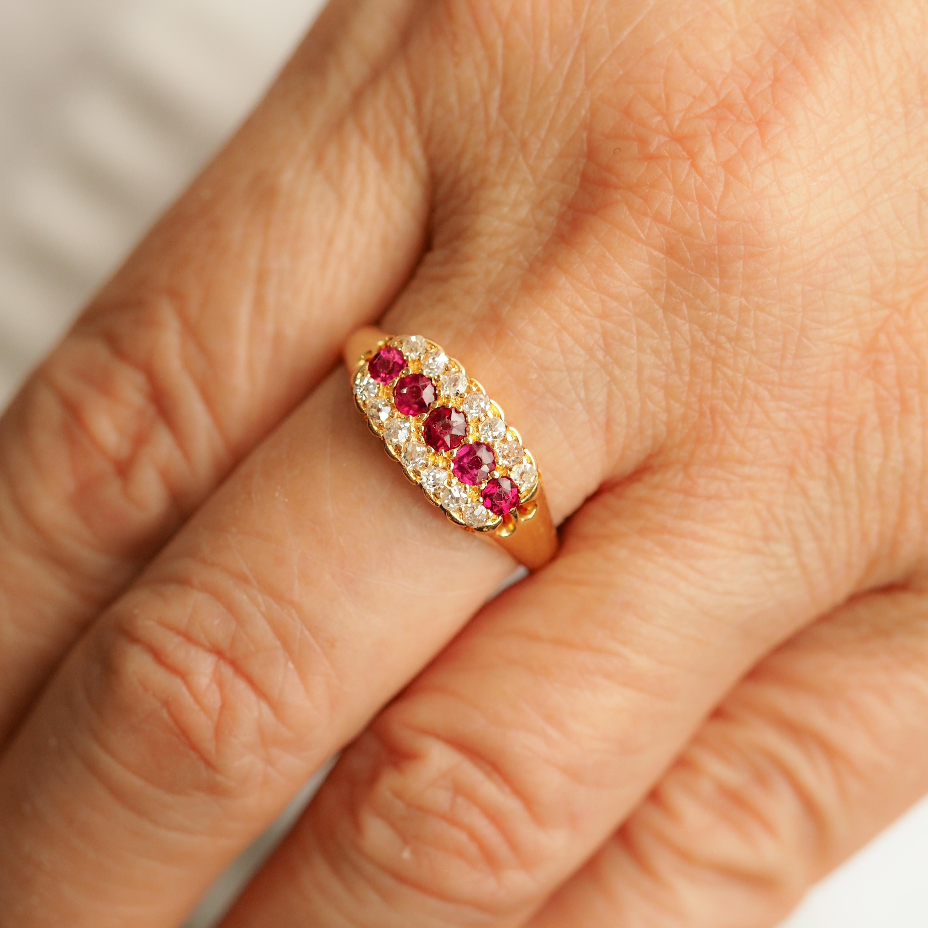 Antique Victorian Ruby & Diamond 18K Gold Cluster Boat Shaped Ring - 1896 2