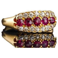 Antique Victorian Ruby & Diamond 18K Gold Cluster Boat Shaped Ring - 1896