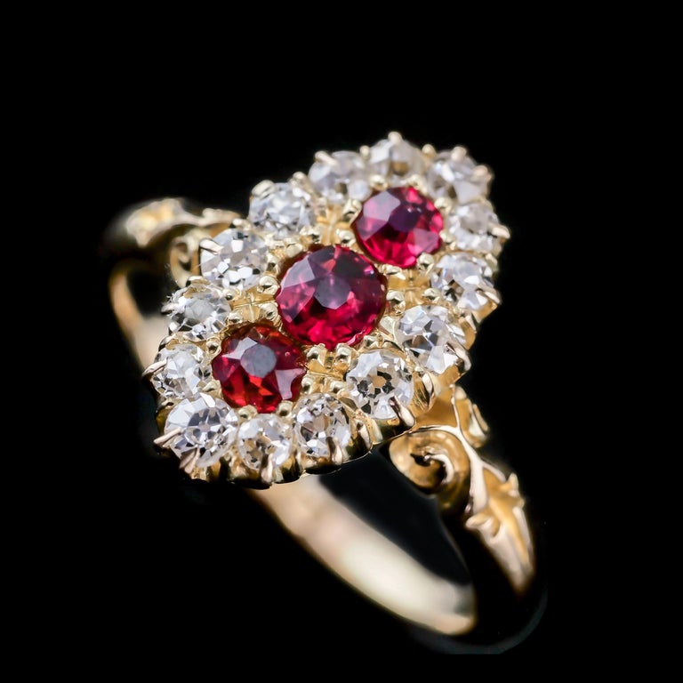 Antique Victorian Ruby and Diamond 18K Gold Navette Cluster Ring, C ...